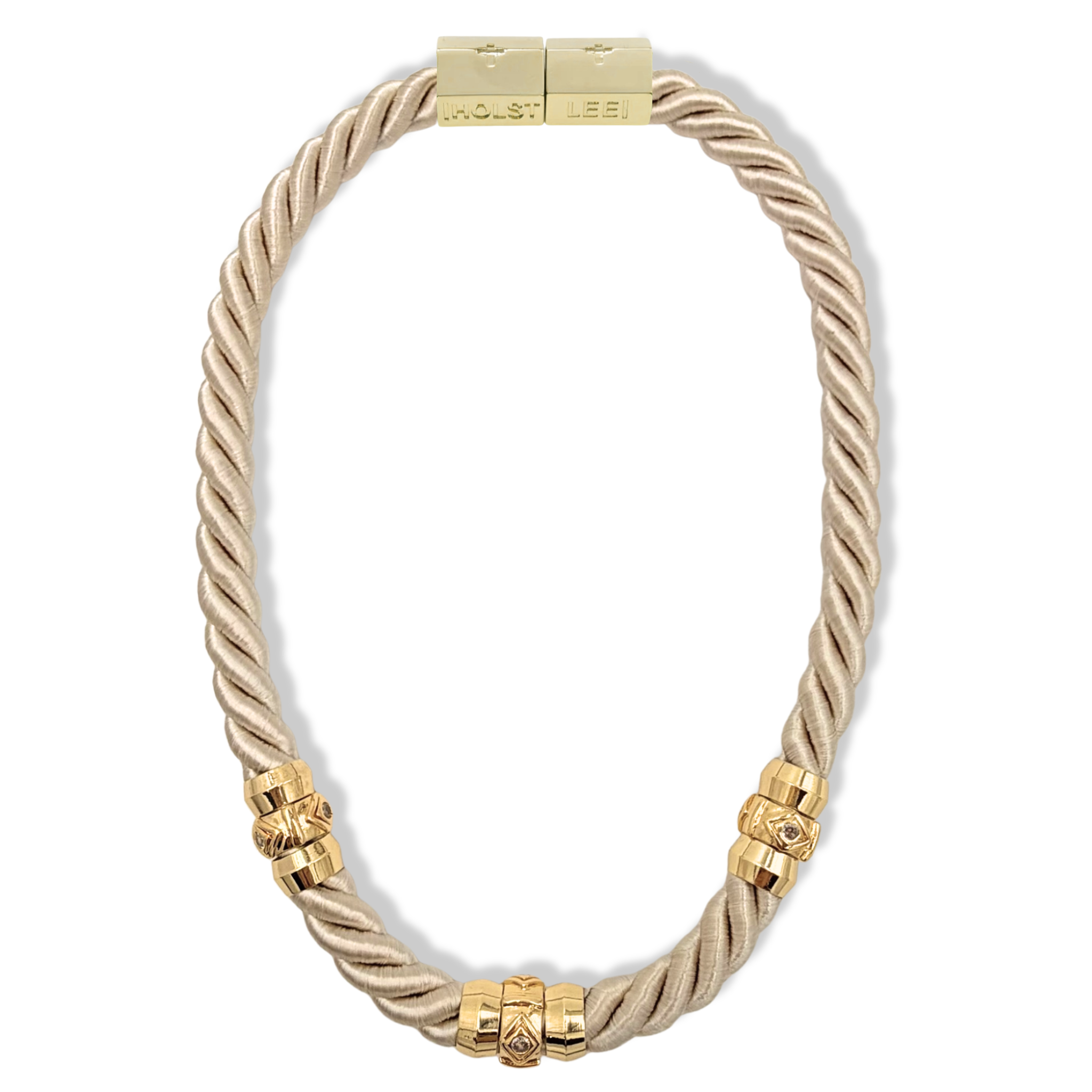 Cream twisted rope necklace with 18K gold-filled magnetic clasped necklace and pavé crystal ferrules by HOLST+LEE