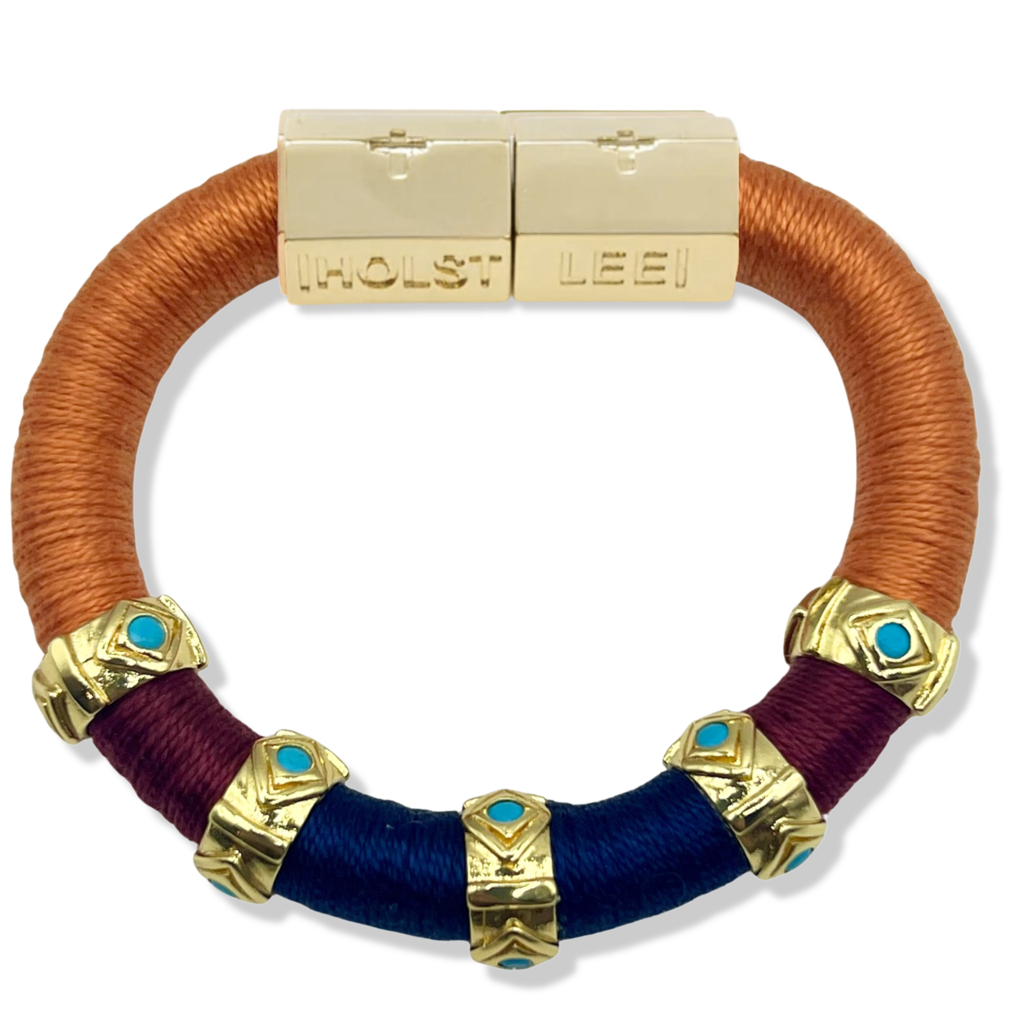 Orange, blue, maroon thread wrapped  bracelet with turquoise evil eye ferrule accents and gold magnetic clasped bracelet by HOLST+LEE