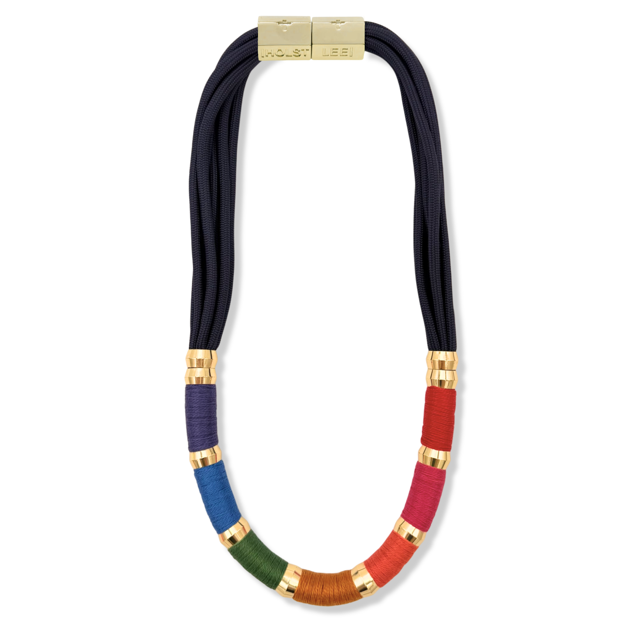 Navy blue braided rope necklace with red, orange, green, blue, purple thread wrapped sections and gold ferrule accents by HOLST+LEE