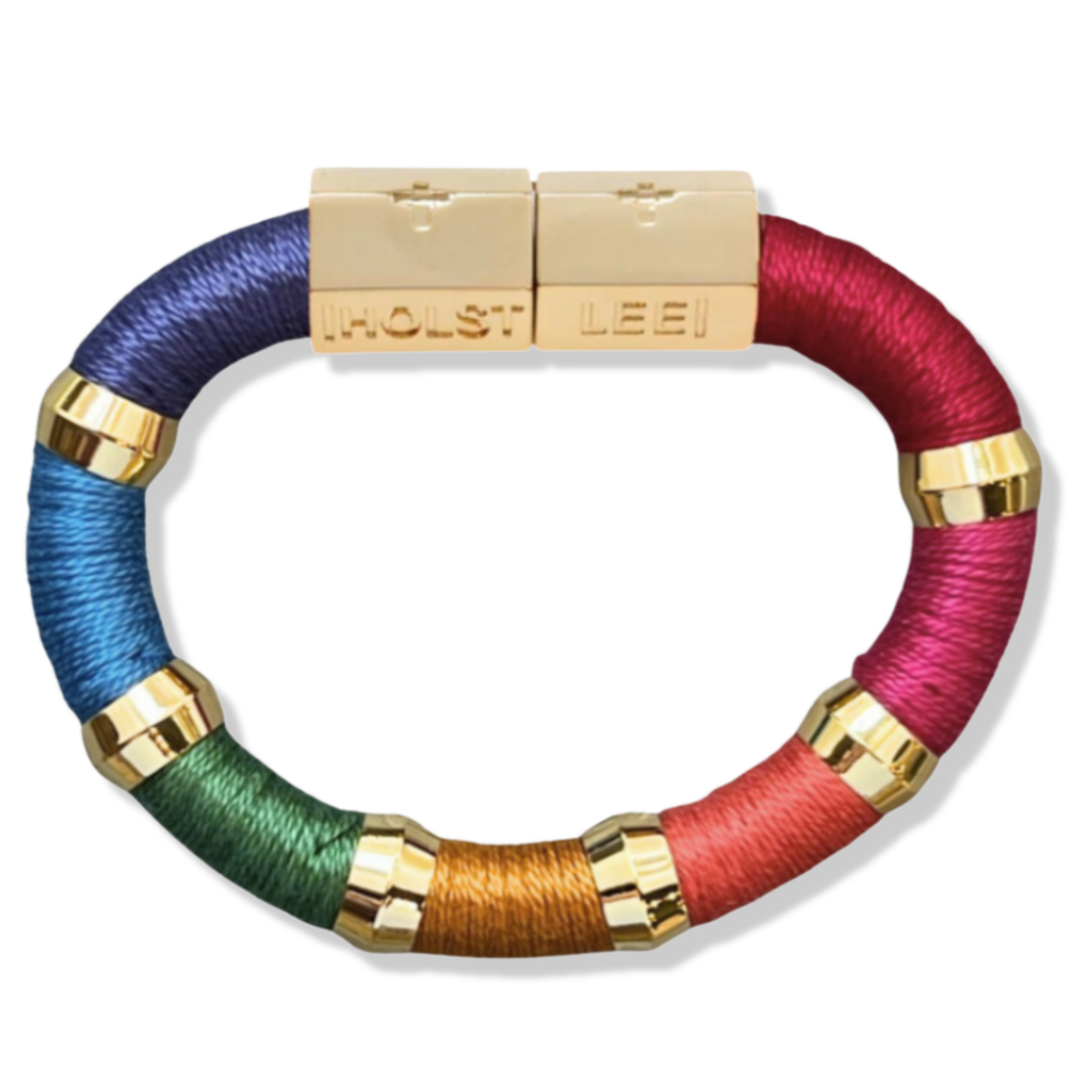 Red, orange, blue, and  green thread wrapped bracelet with gold magnetic clasped bracelet and gold ferrules by HOLST+LEE 