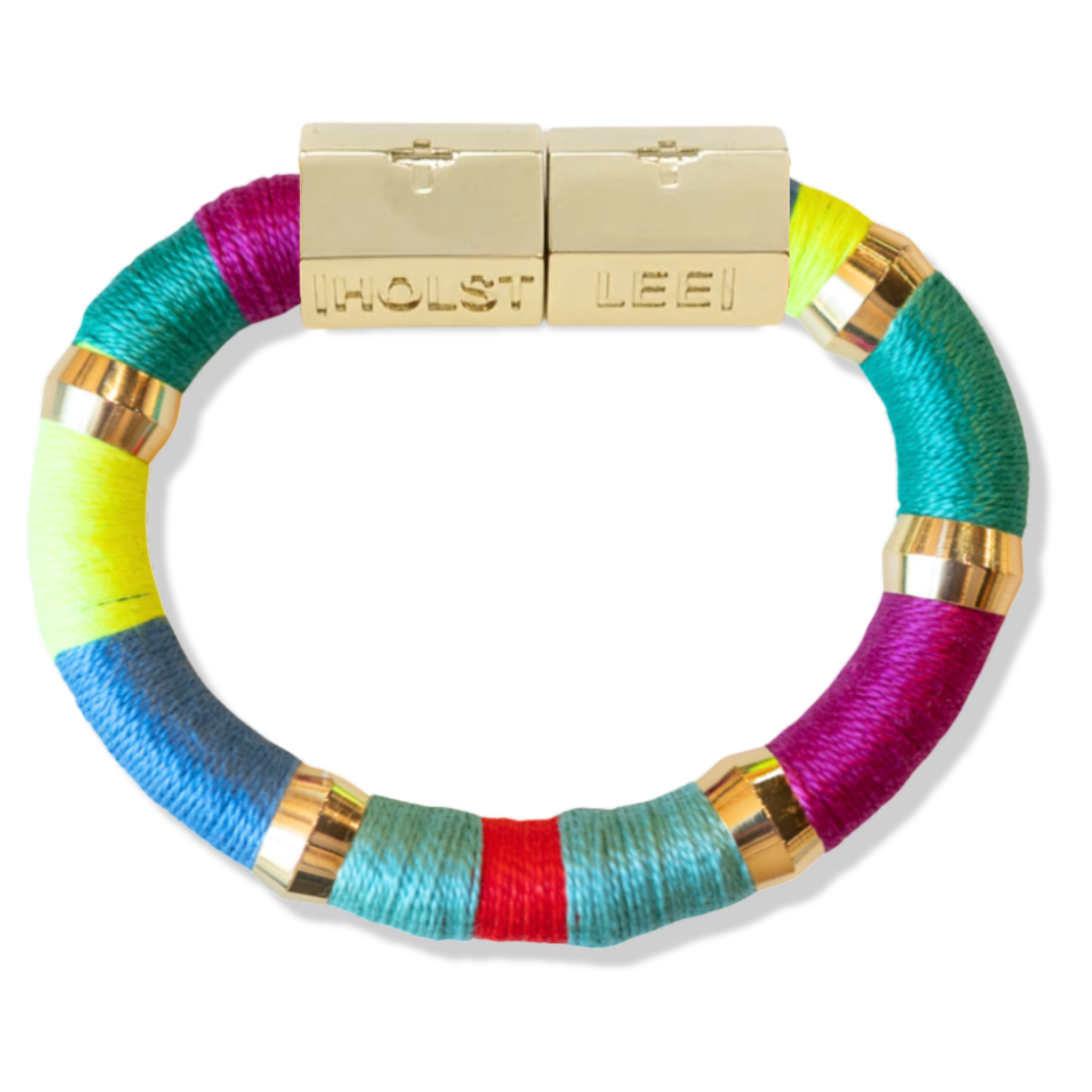Neon yellow, fuchsia, blue, and red thread wrapped bracelet with gold magnetic clasped bracelet and gold ferrule accents by HOLST+LEE 