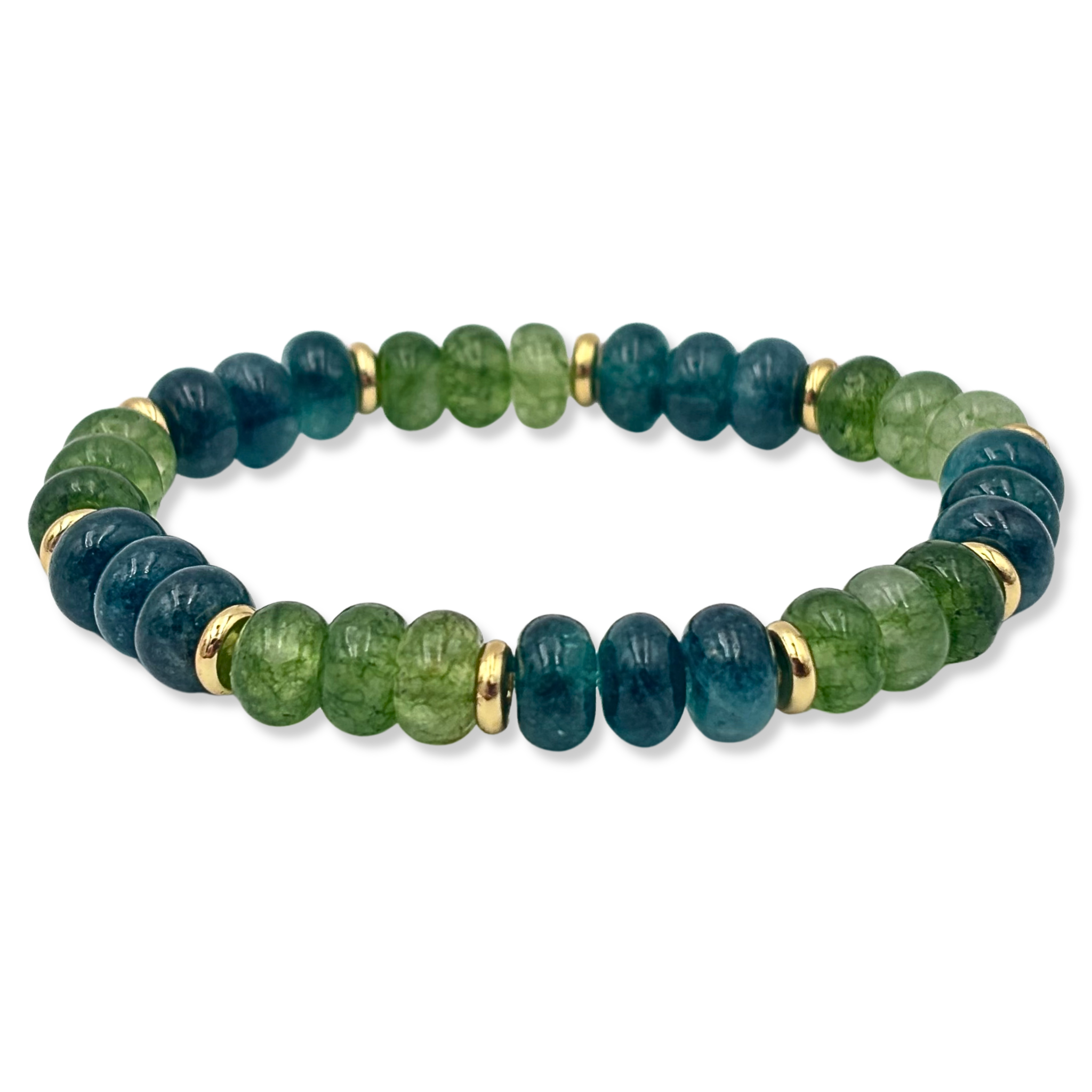 Green gemstone beaded bracelet with gold accents by HOLST+LEE