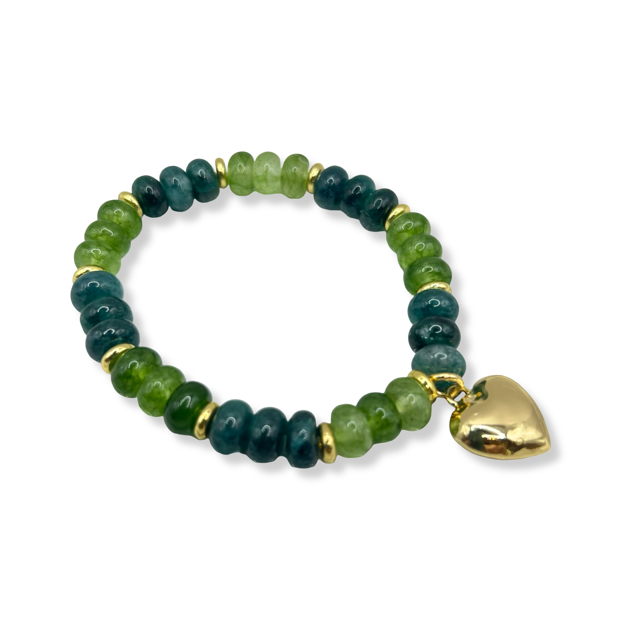 Green gemstone beaded necklace with gold accents and gold heart charm by HOLST+LEE