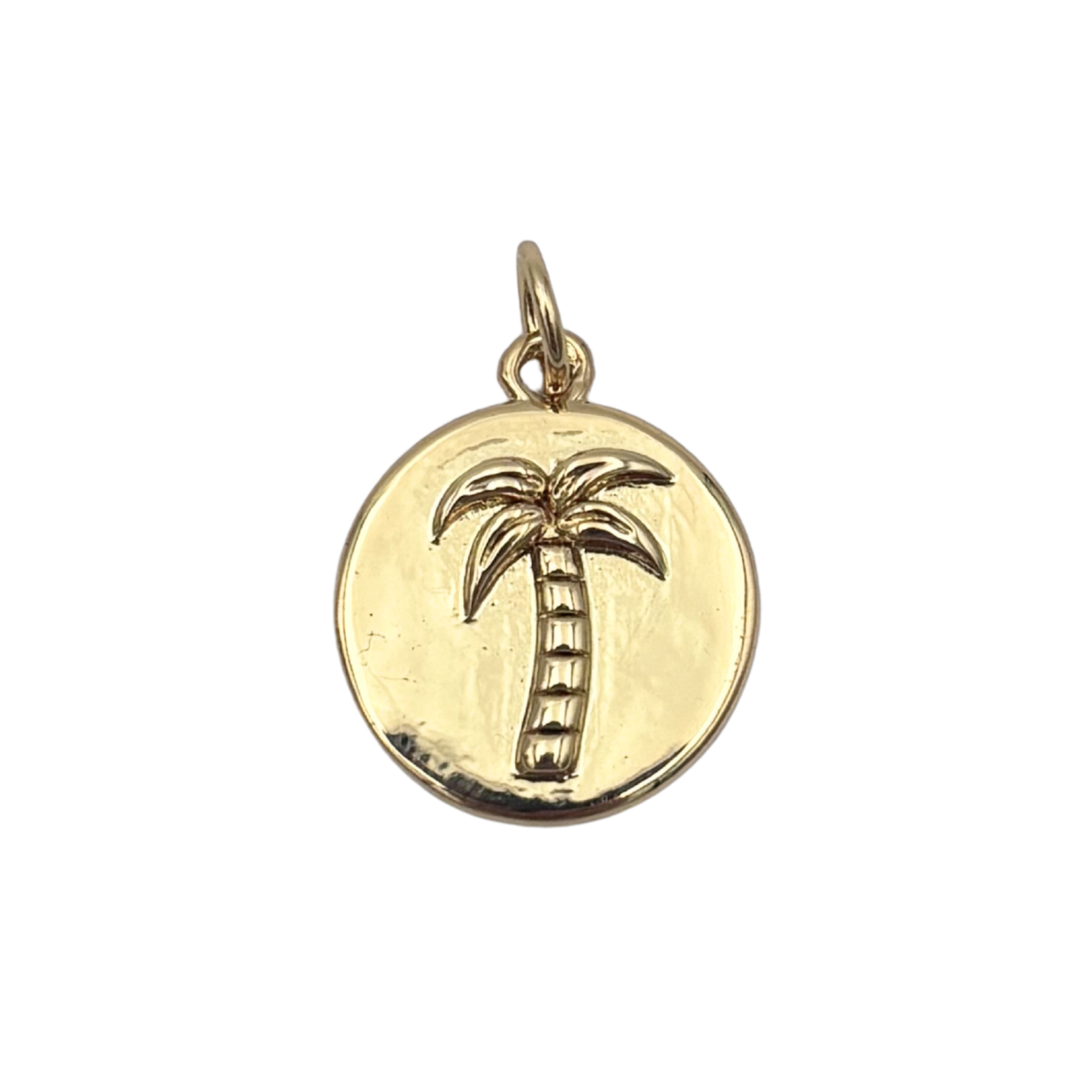 Gold round medallion charm with engraved palm tree and smooth background by HOLST+LEE