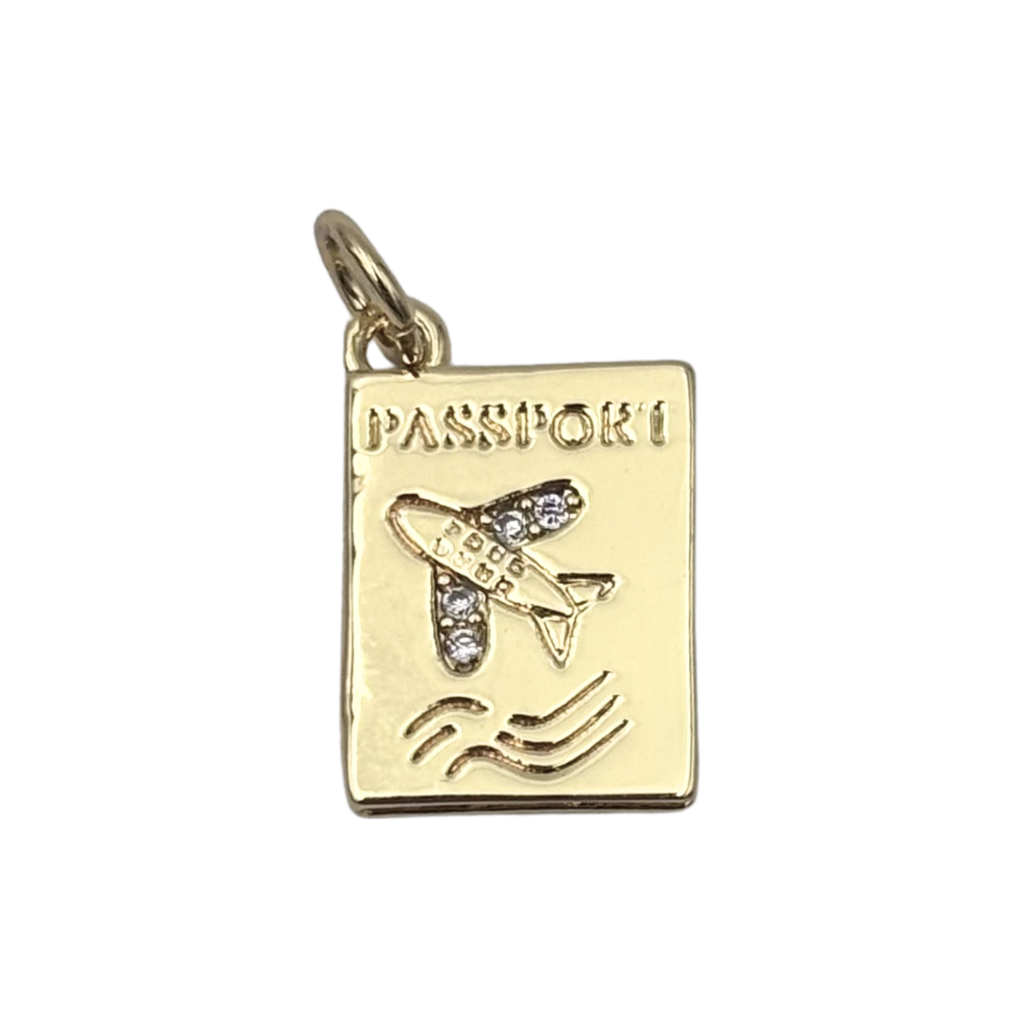 Gold passport charm with engraved airplane, diamond accents, and wave detail by HOLST+LEE