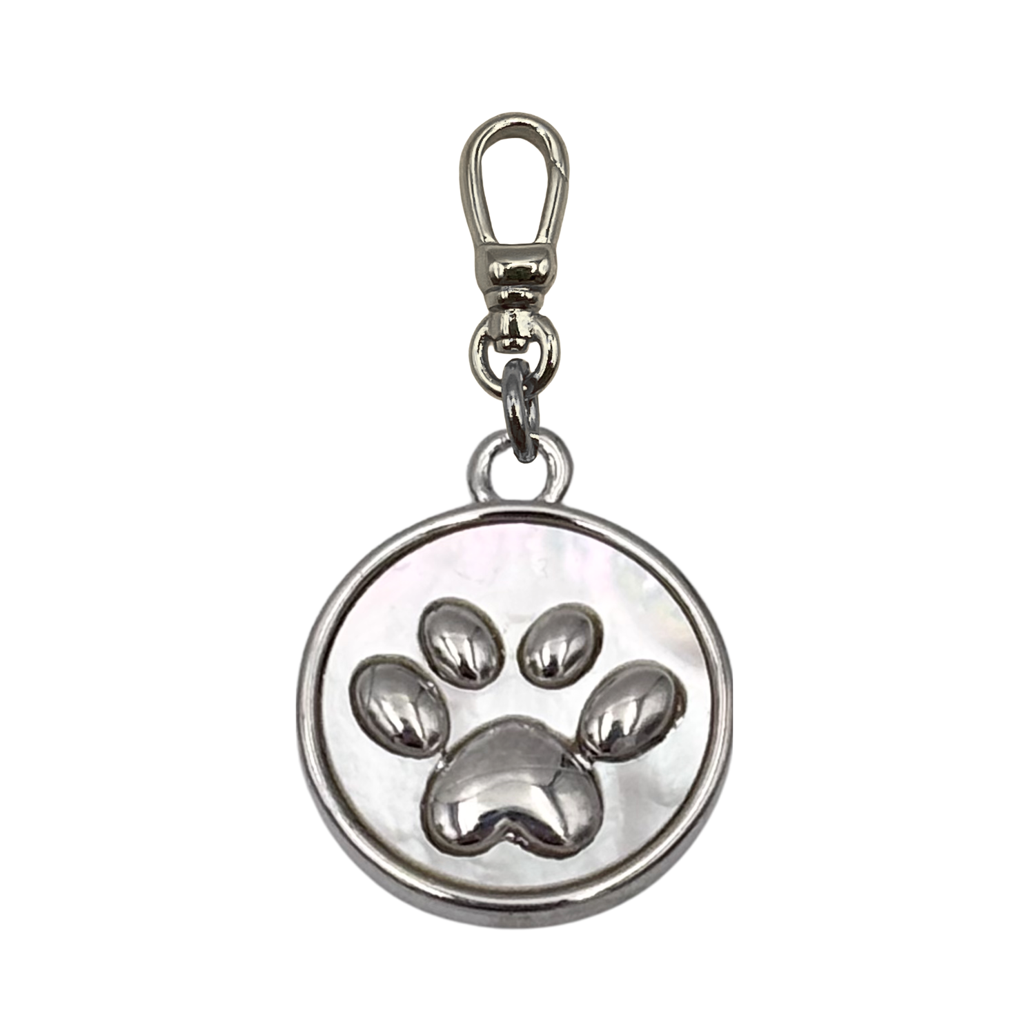 Round mother-of-pearl medallion charm with a raised gold paw print, set in a silver bezel with charm clip by HOLST+LEE