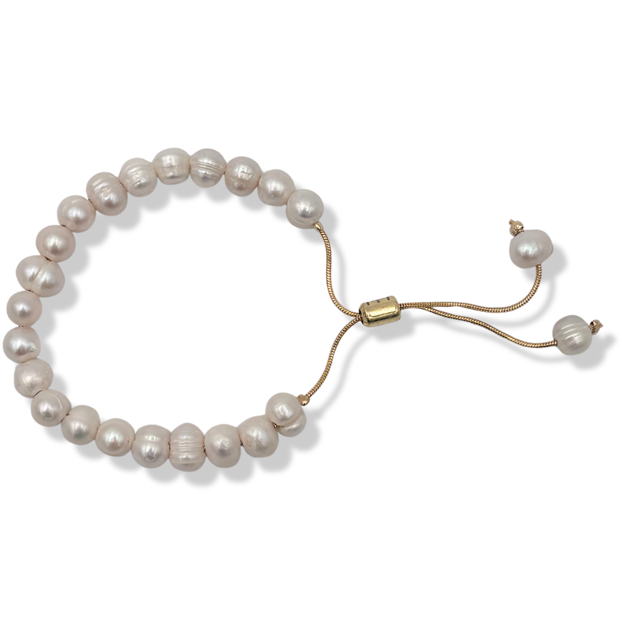 Pearl beaded adjustable bracelet with sliding barrel clasp and snake chain pull by HOLST+LEE