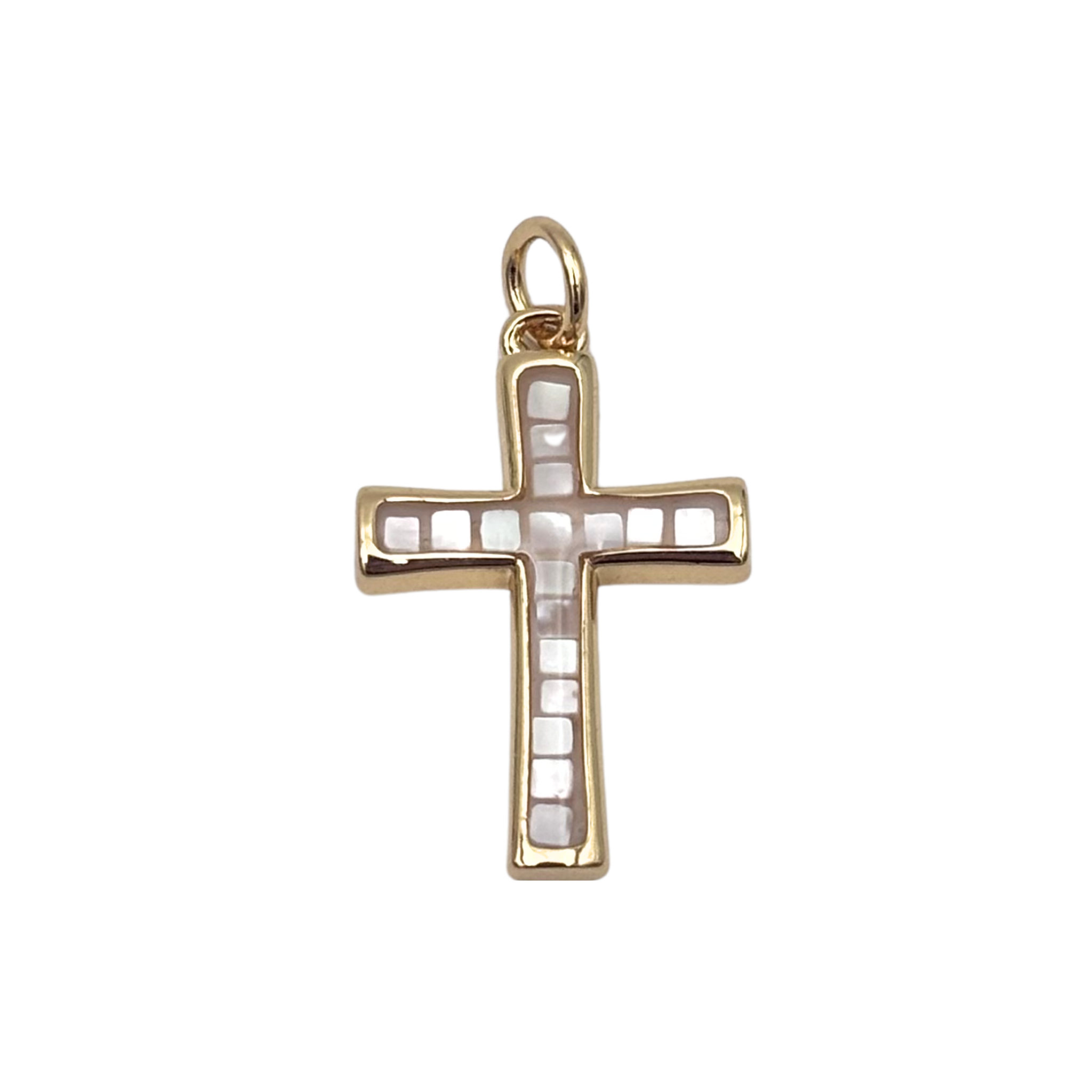 Gold cross charm with channel-set square mother of pearl segments and polished frame by HOLST+LEE
