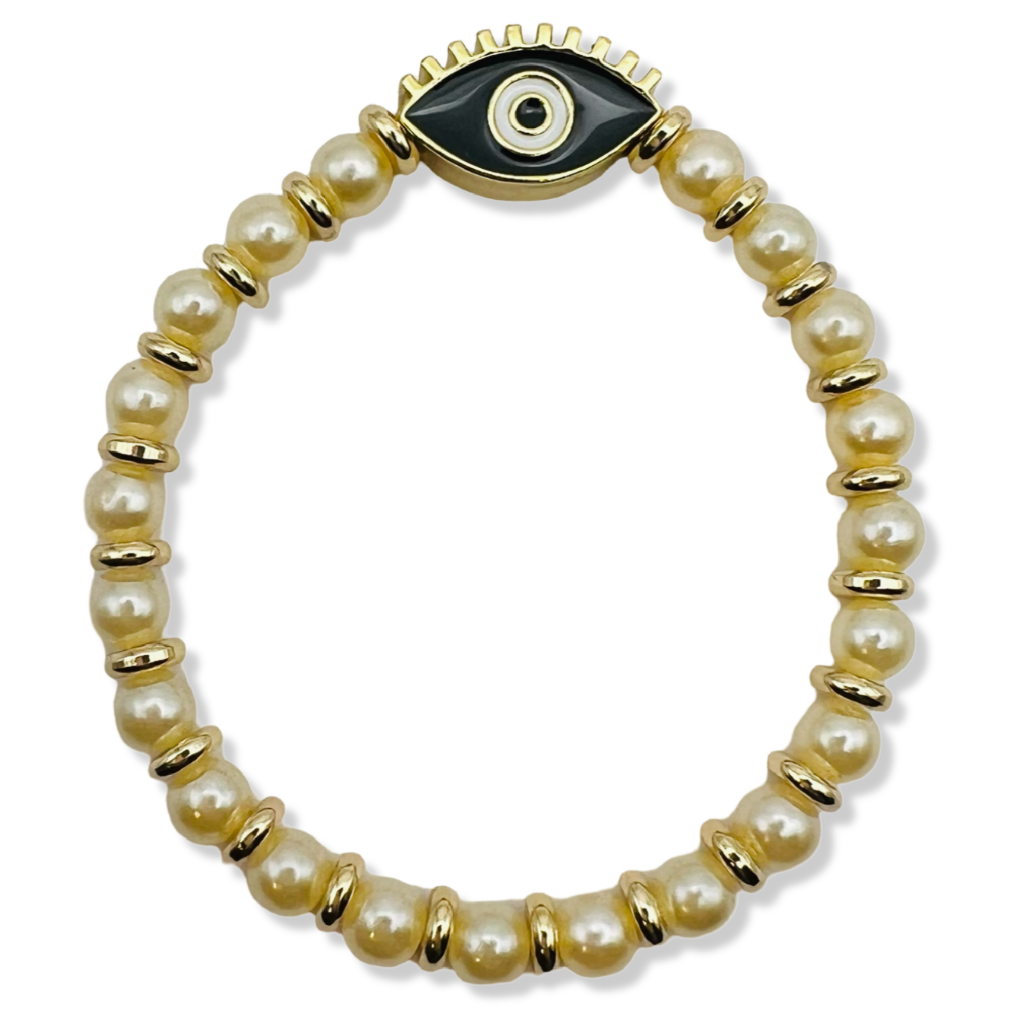 Pearl and gold rondelle stretch bracelet with black enamel evil eye centerpiece by HOLST+LEE
