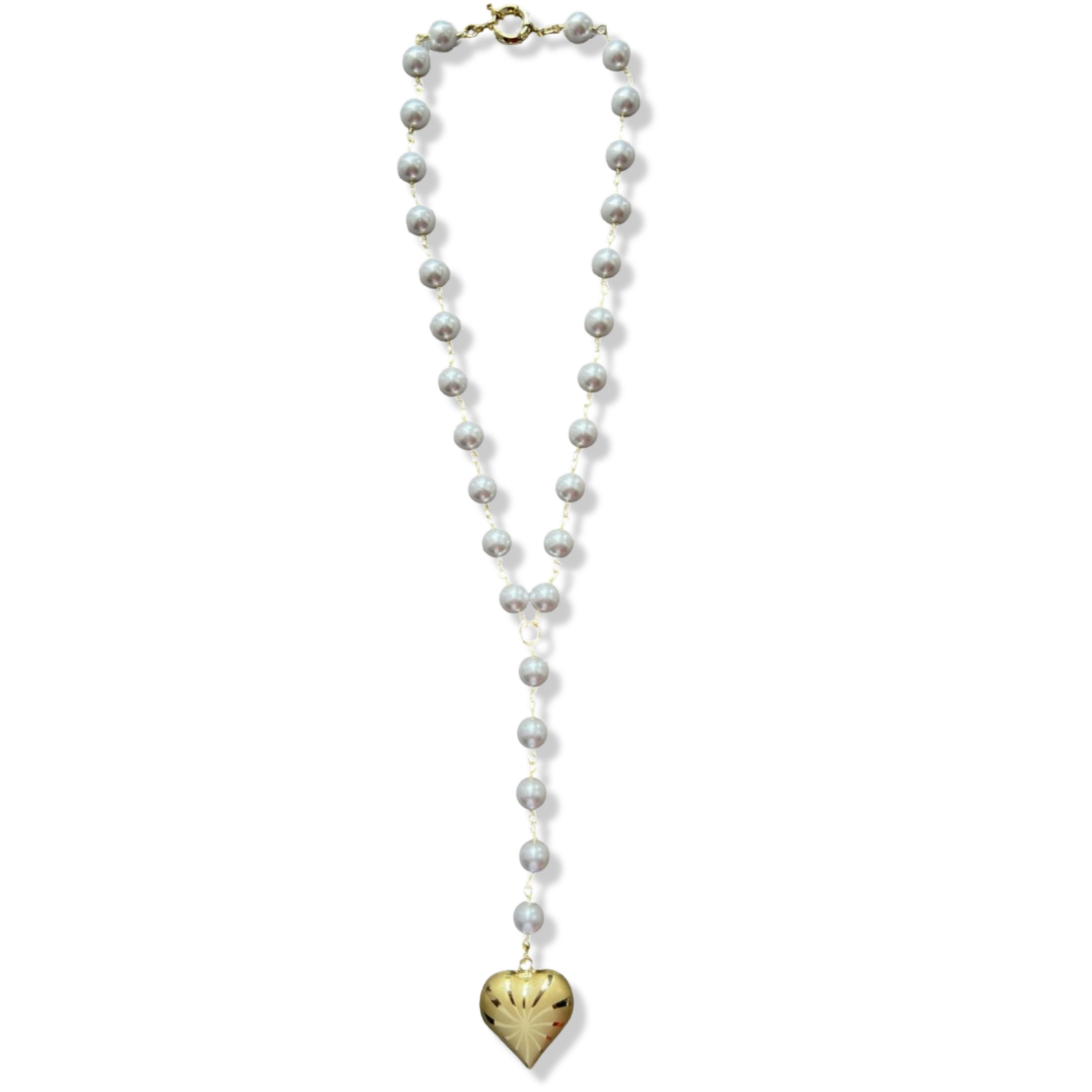 Faux white pearl necklace with a gold puff heart pendant by HOLST+LEE