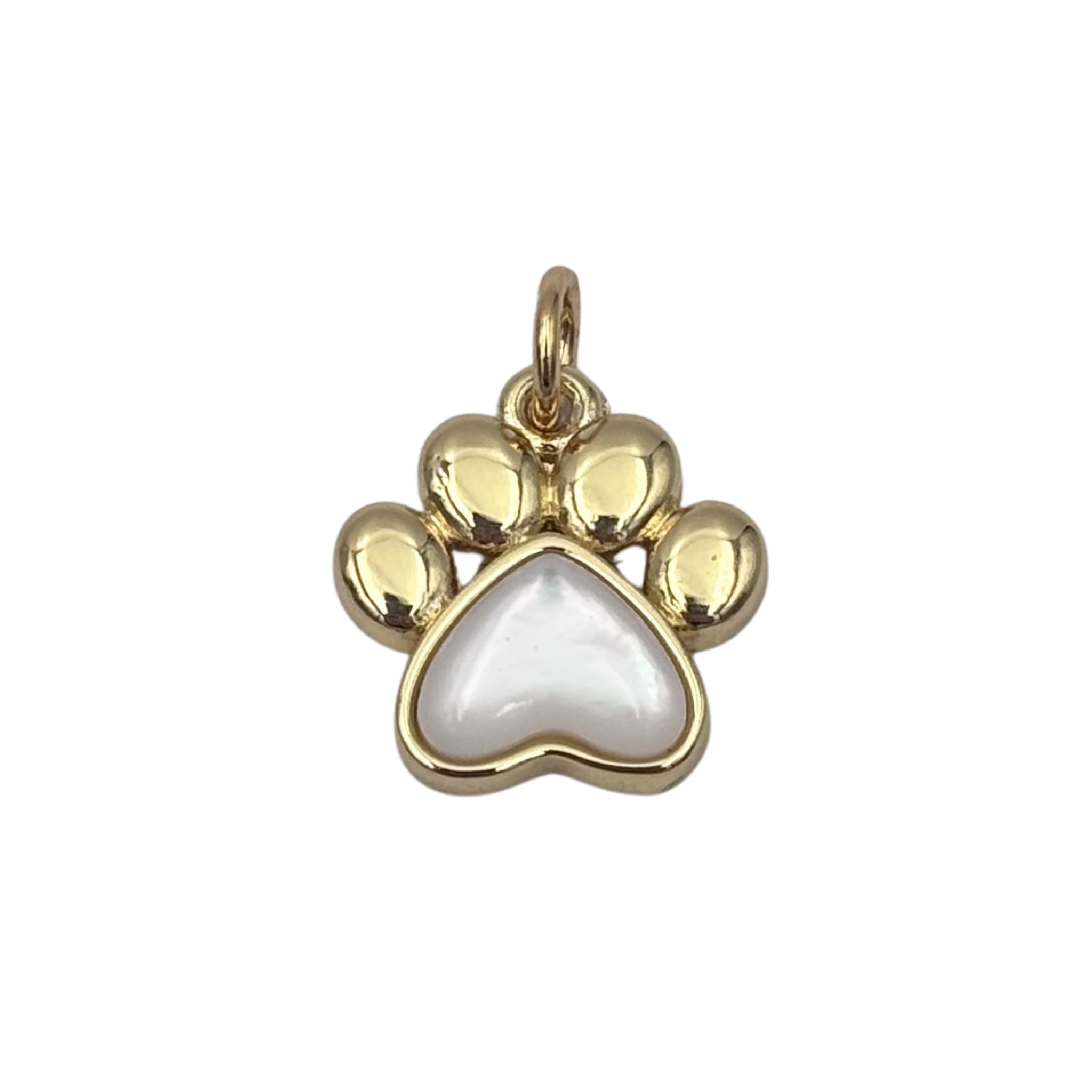 Gold dog paw charm with polished toe beans and heart-shaped mother of pearl main pad by HOLST+LEE