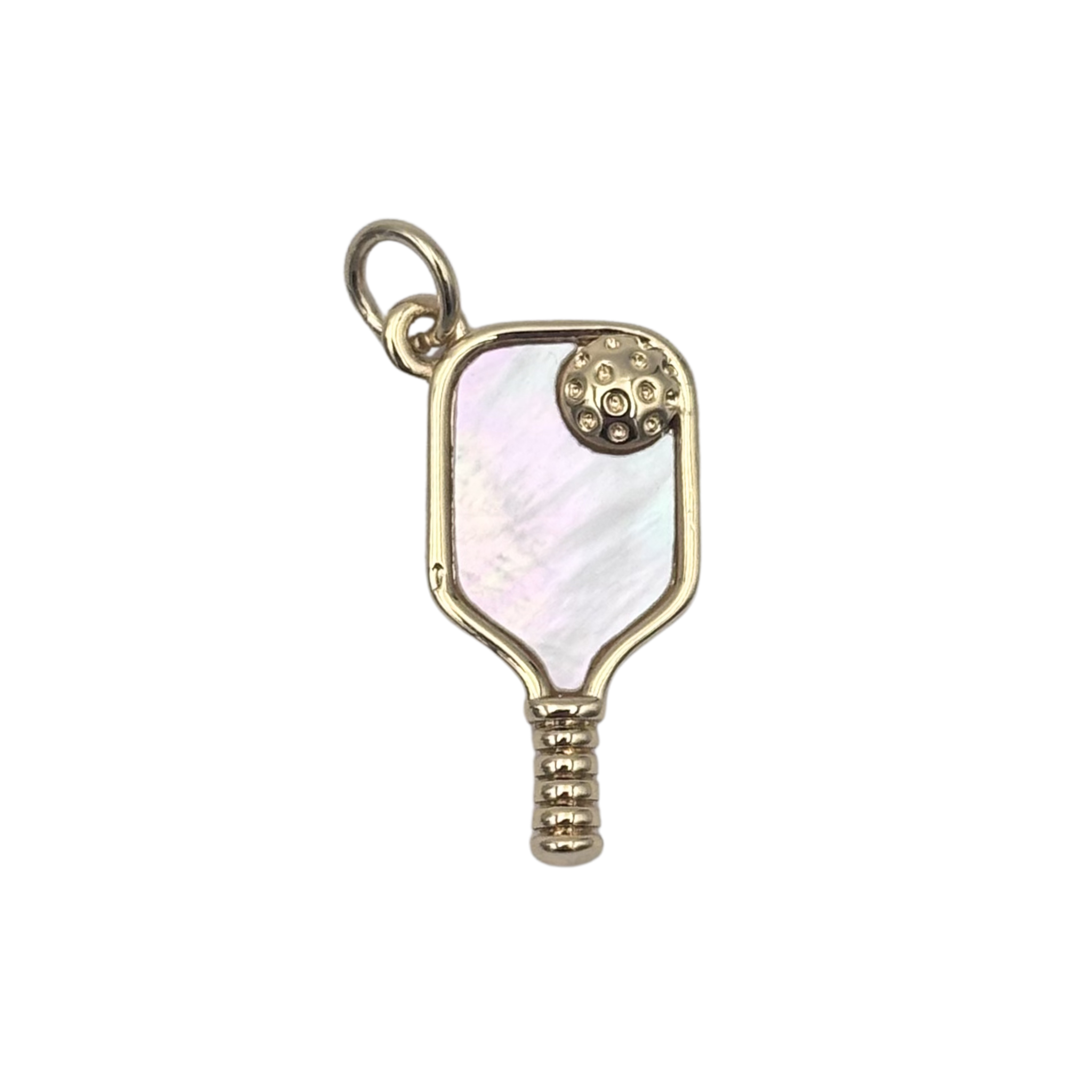Gold pickleball paddle charm with iridescent mother of pearl paddle face, textured handle, and pavé crystal ball by HOLST+LEE