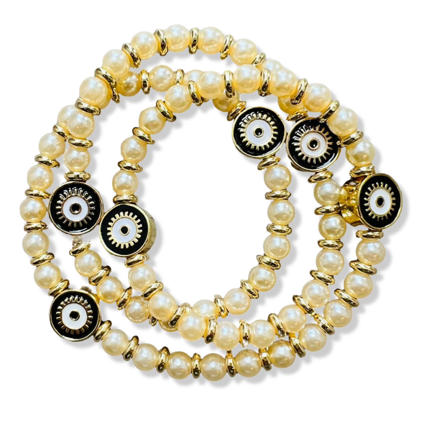 Wrap pearl pearl and gold rondelle stretch bracelet with black enamel evil eye charms by HOLST+LEE