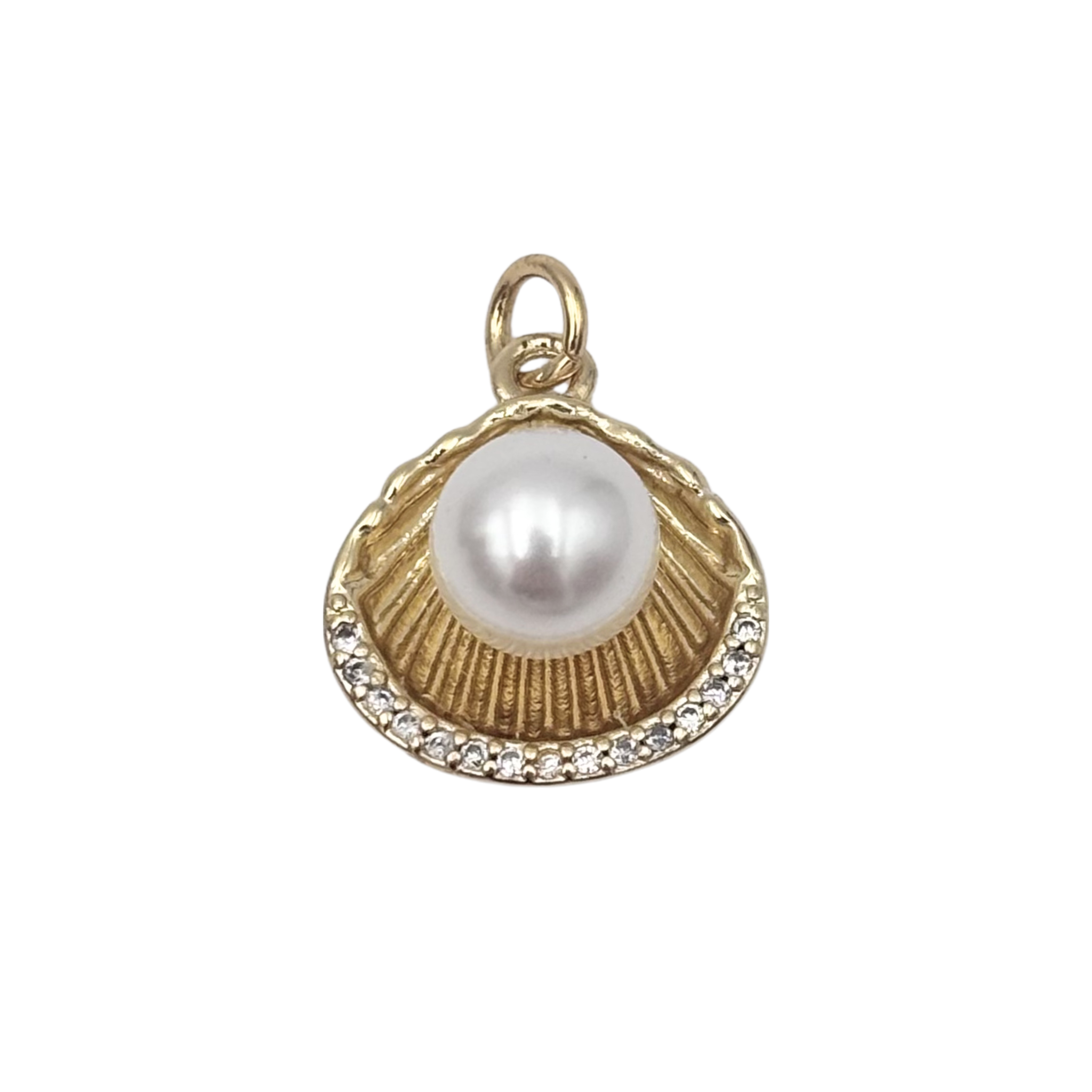Gold scallop shell charm with large faux pearl center and pavé rhinestone edge by HOLST+LEE