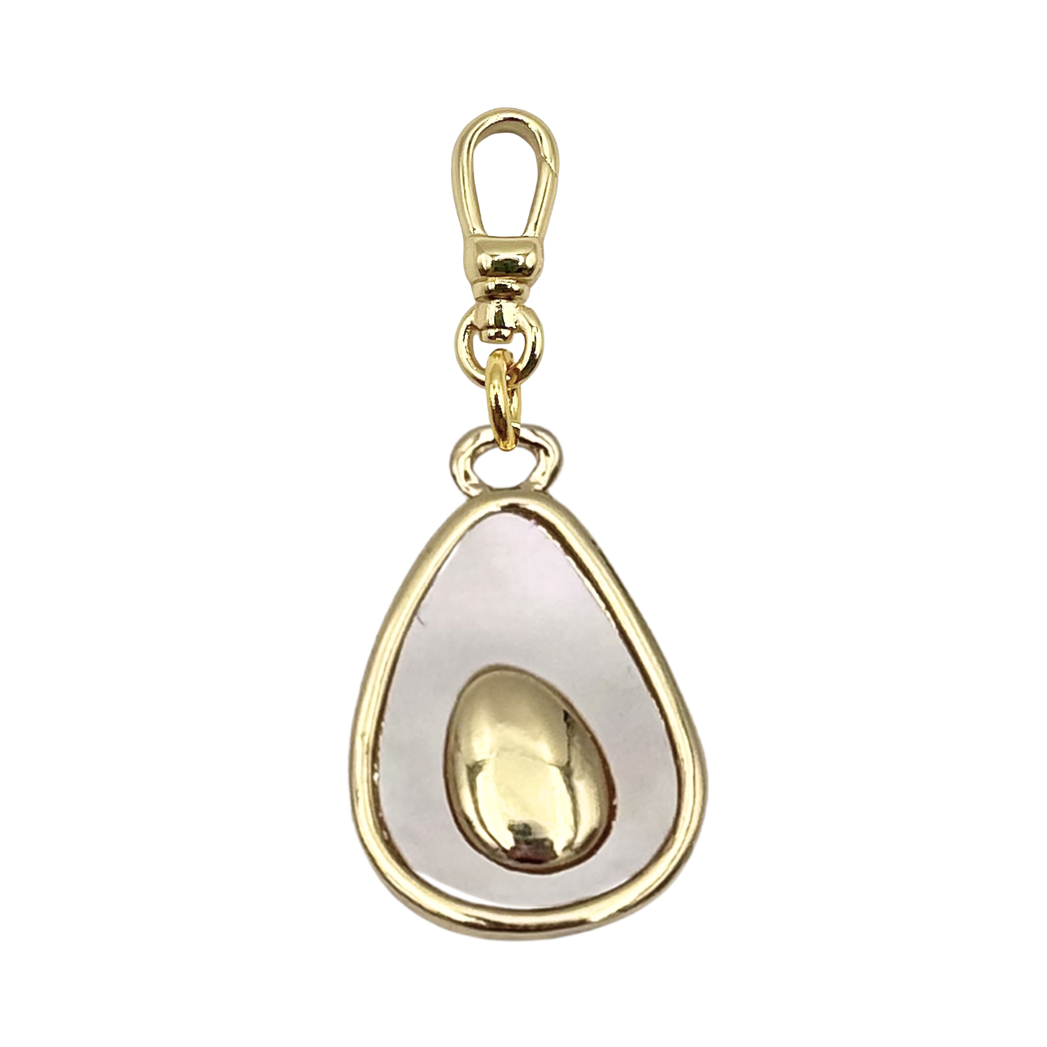 Avocado charm pendant with gold outline, pearlescent white flesh, and gold pit with a gold charm clip by HOLST+LEE
