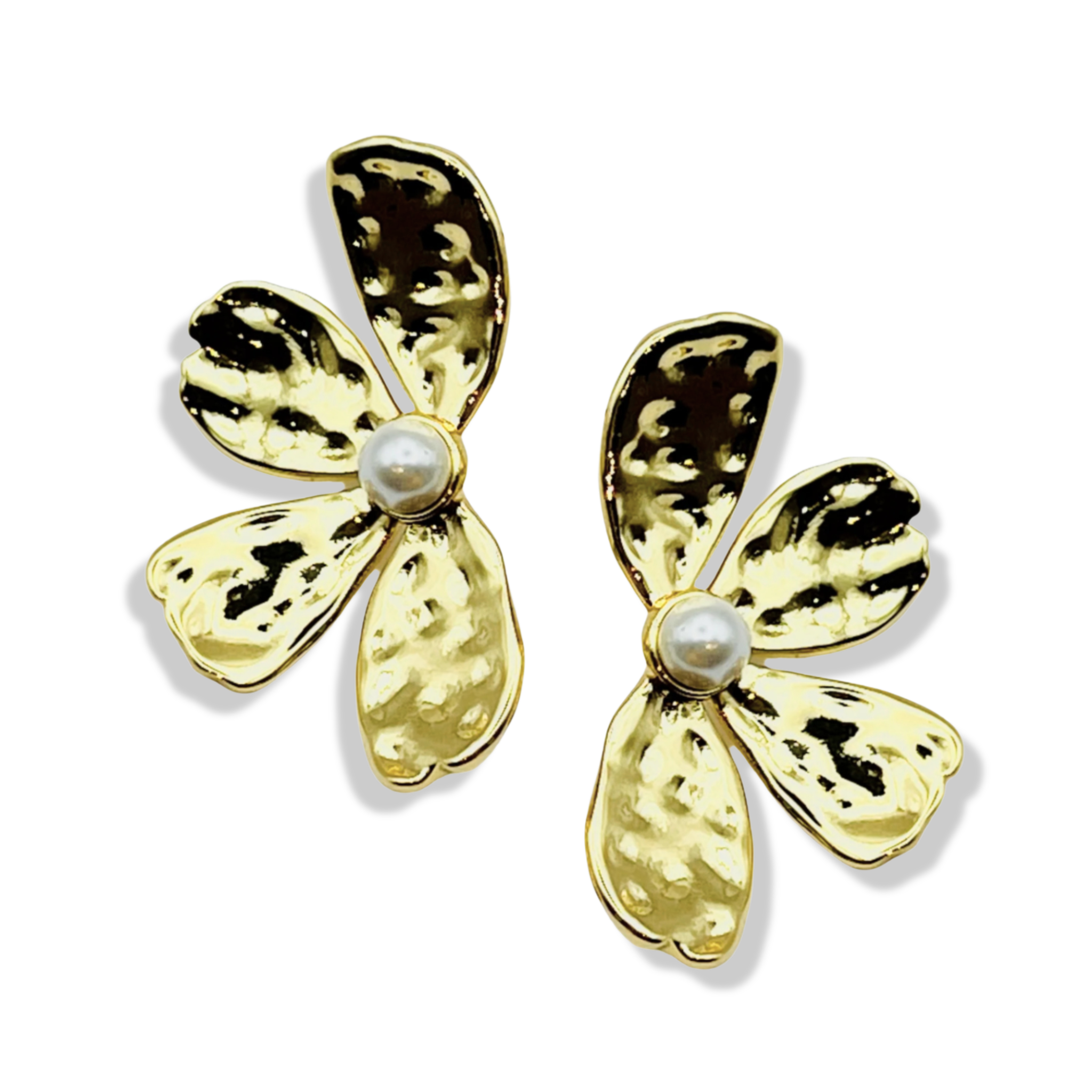 Large hammered gold flower petal stud earrings with white pearl center by HOLST+LEE