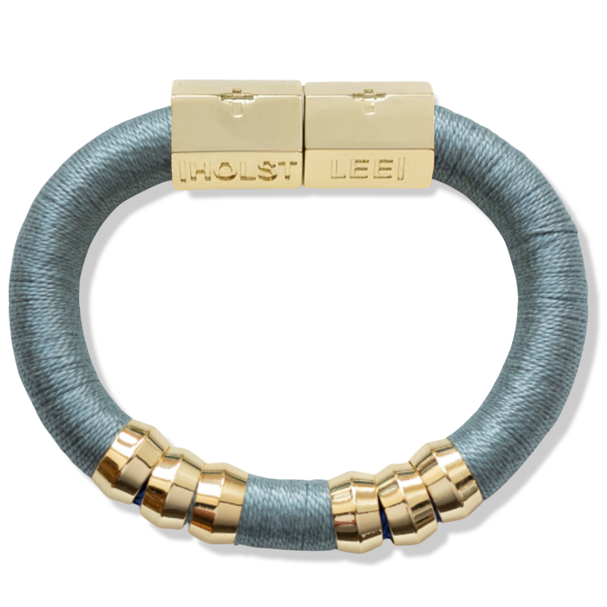 Pewter grey thread wrapped bracelet with 18K gold-filled magnetic clasped bracelet and gold ferrule accents by HOLST+LEE