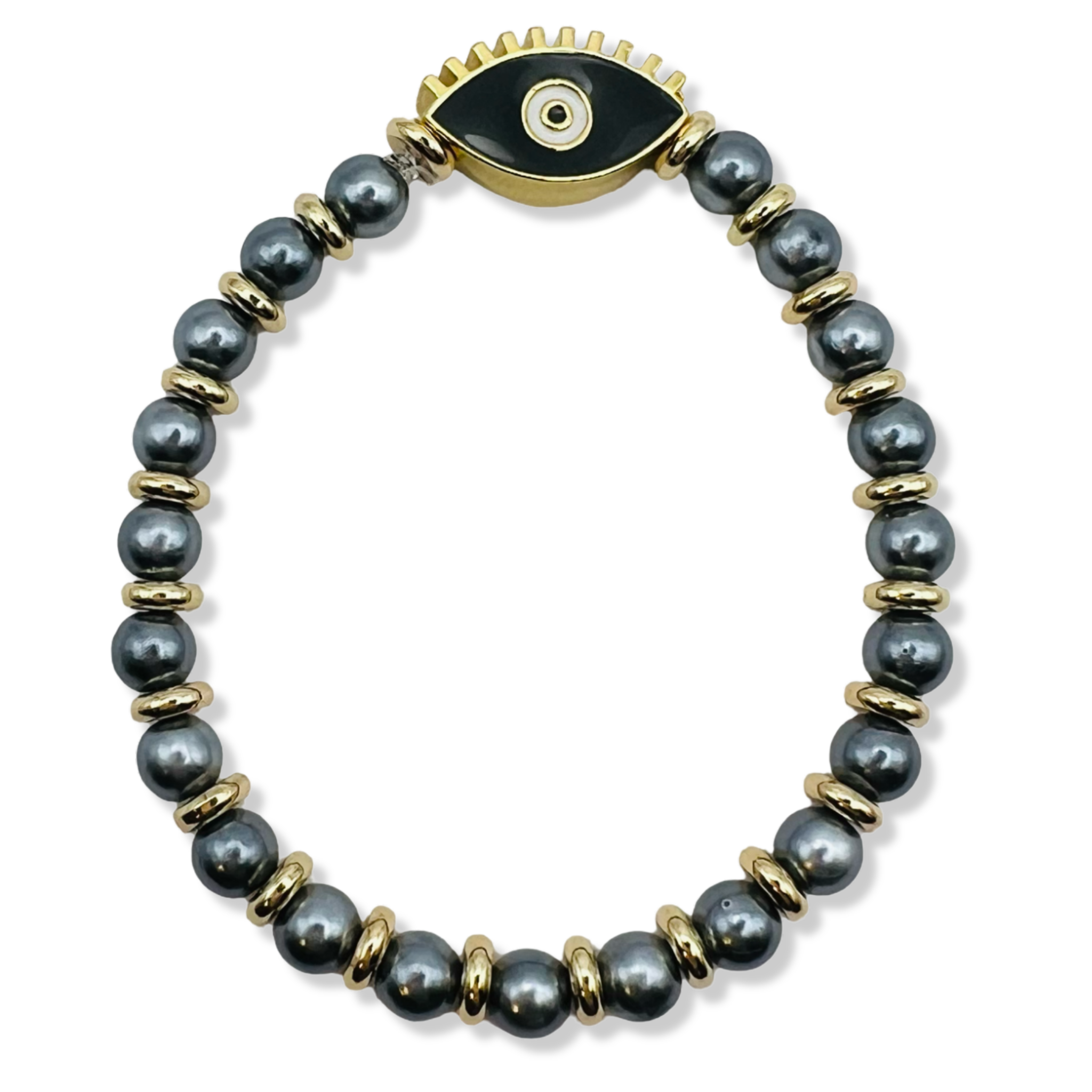 Pewter gray pearl and gold rondelle stretch bracelet with black enamel evil eye centerpiece by HOLST+LEE