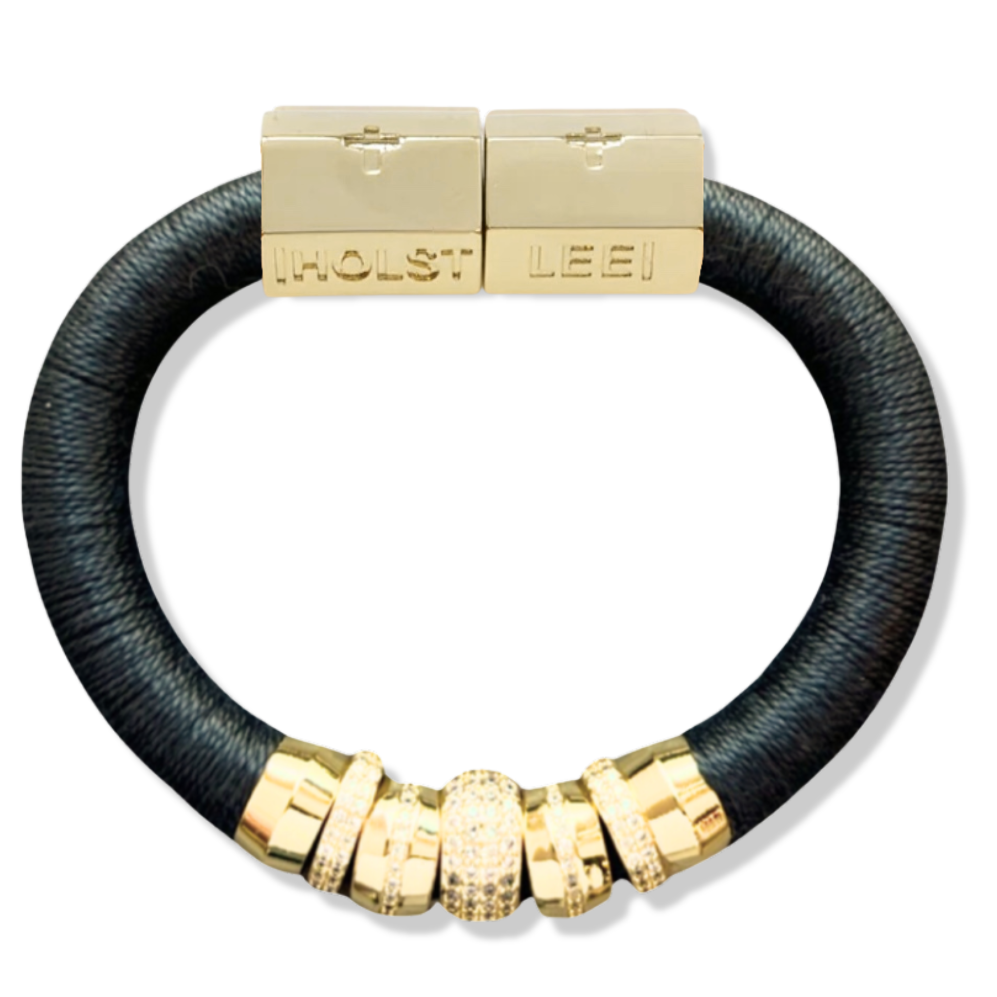 Pewter grey thread wrapped bracelet with 18K gold-filled magnetic clasped bracelet and pavé crystal ferrule stack by HOLST+LEE