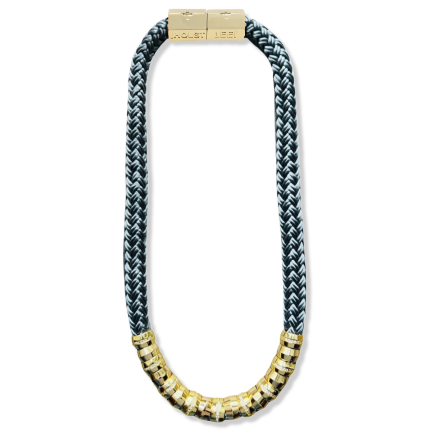 Grey braided rope necklace with gold ferrule stack and gold magnetic clasped necklace by HOLST+LEE