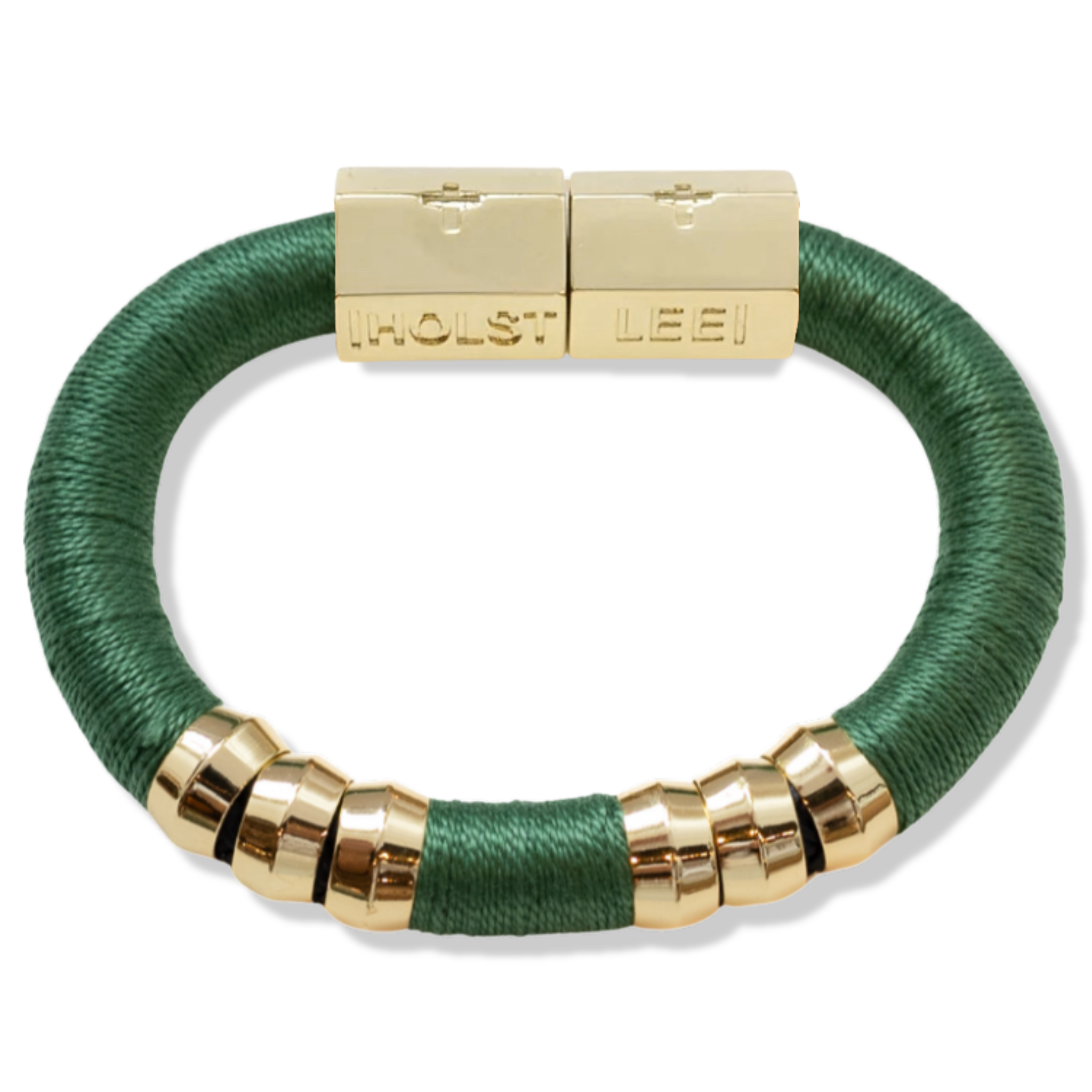 Pine green thread wrapped bracelet with 18K gold-filled magnetic clasped bracelet and gold ferrule accents by HOLST+LEE