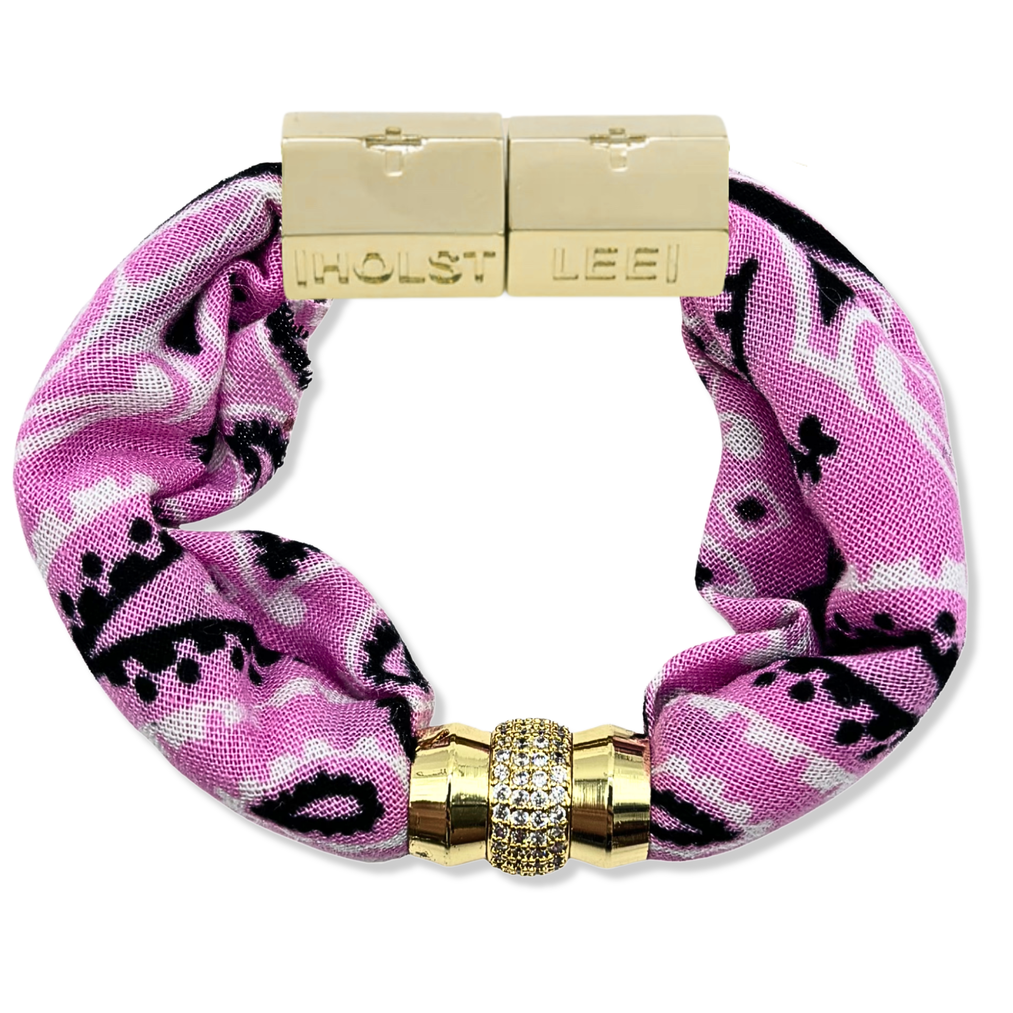 Pink bandana print fabric bracelet with 18K gold-filled magnetic clasped bracelet and pavé crystal ferrule by HOLST+LEE
