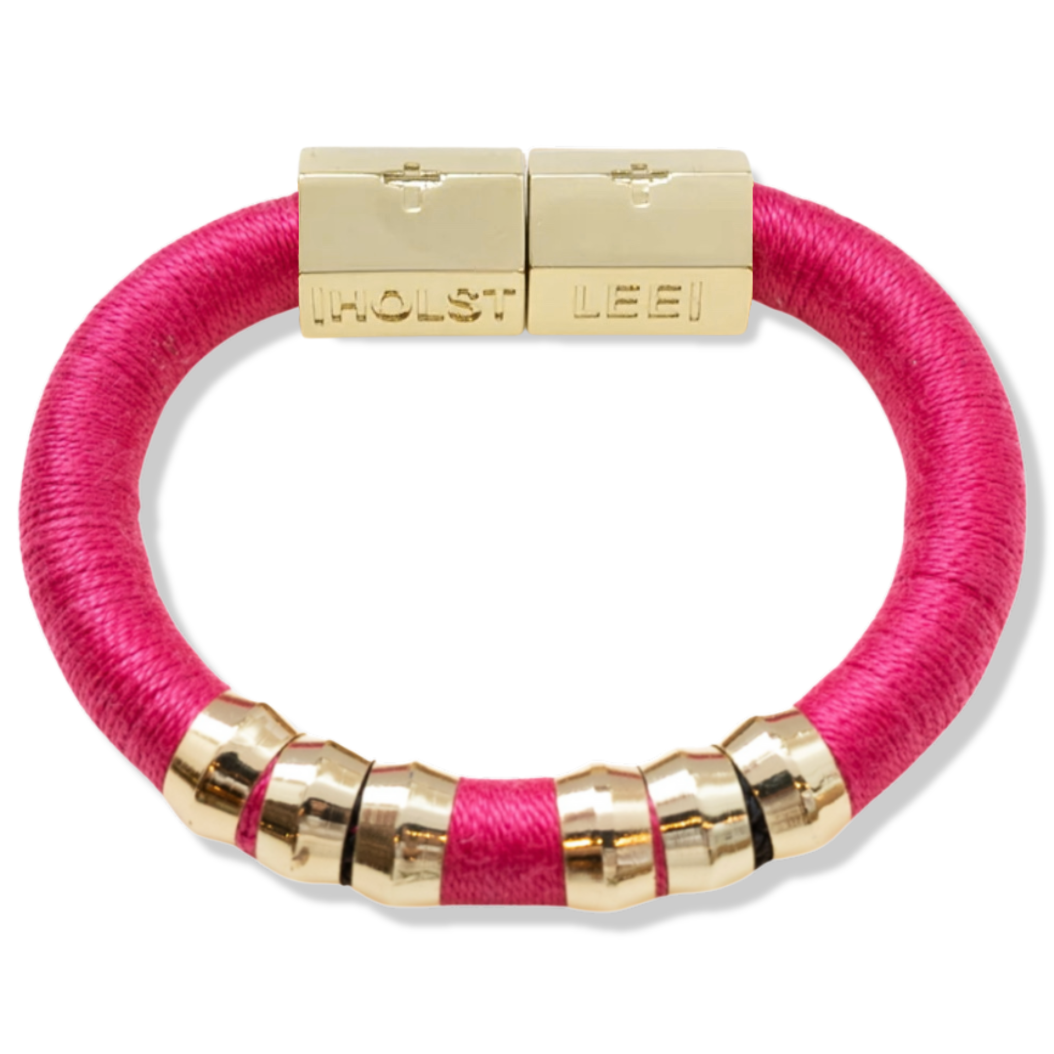 Pink thread wrapped bracelet with 18K gold-filled magnetic clasped bracelet and gold ferrule accents by HOLST+LEE
