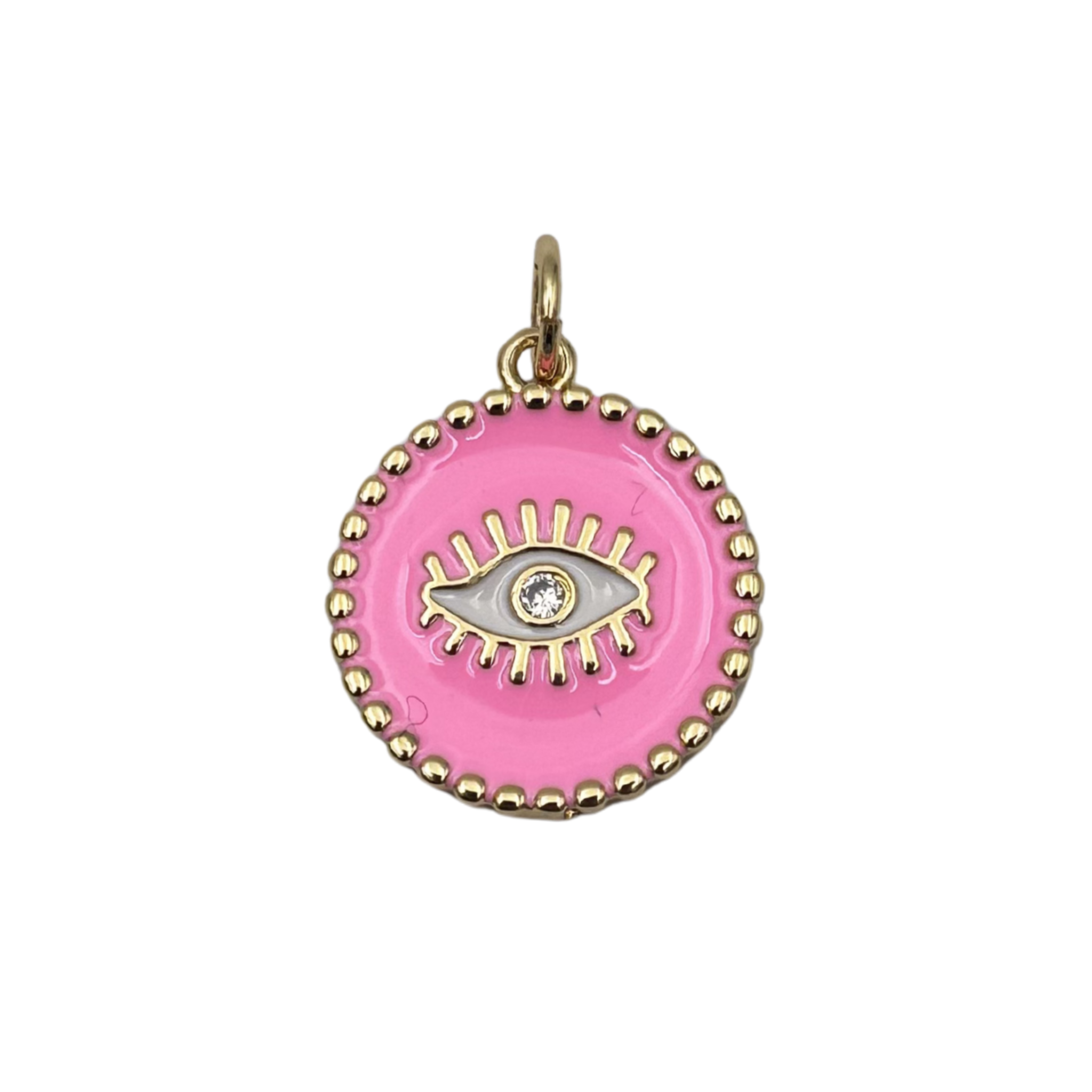 Pink enamel evil eye medallion charm with diamond center, lash detail, and gold beaded border by HOLST LEE