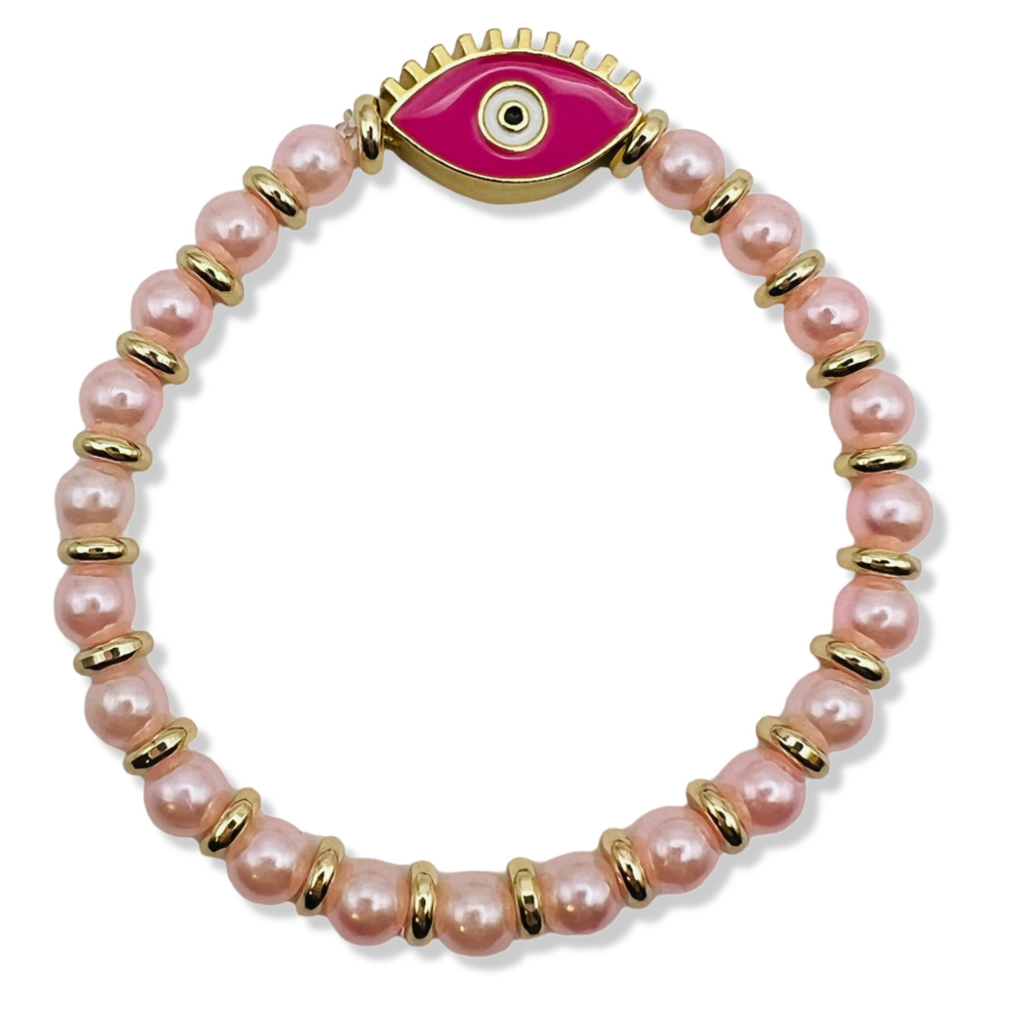 Pink pearl and gold rondelle stretch bracelet with hot pink enamel evil eye centerpiece by HOLST+LEE