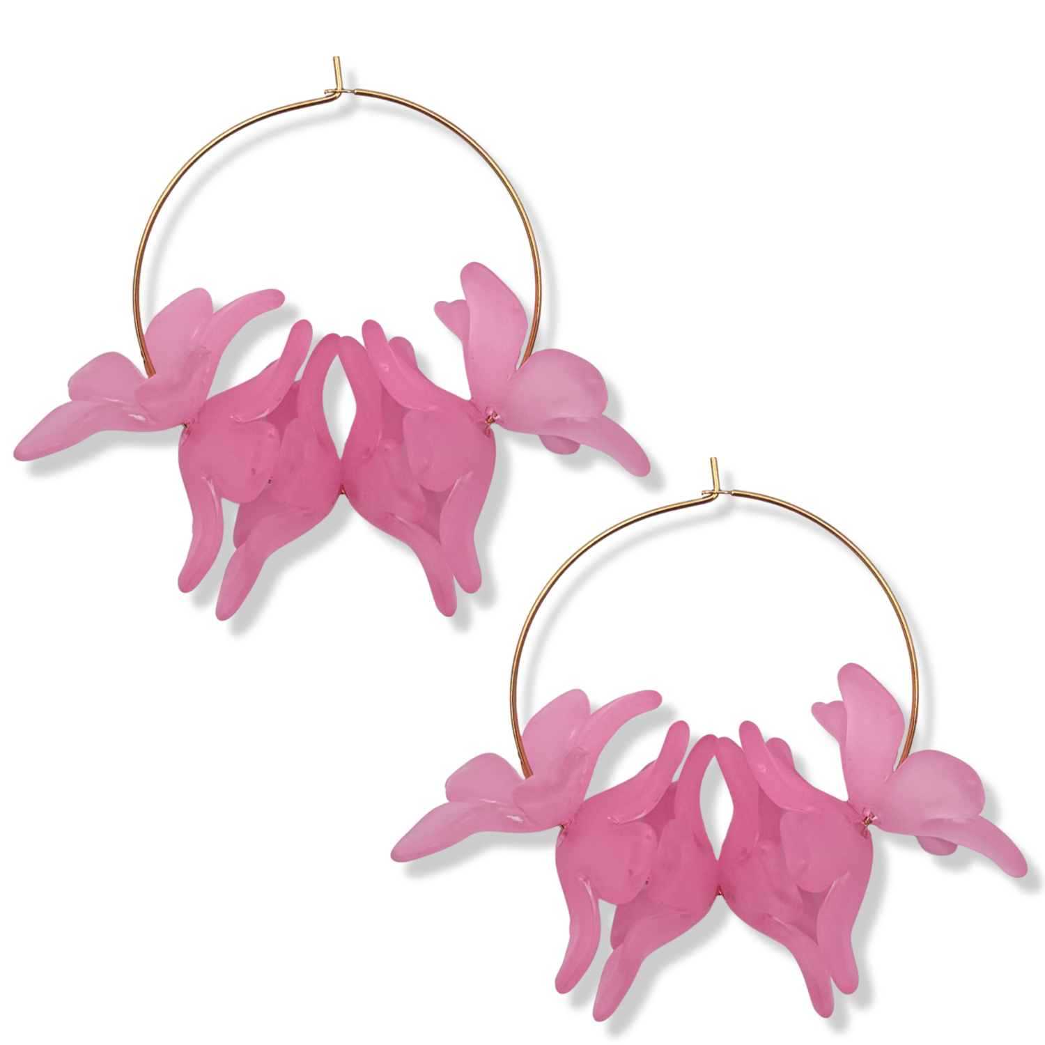 Pink resin floral cluster hoop earrings with translucent pink orchid-style blooms on a thin gold hoop by HOLST+LEE