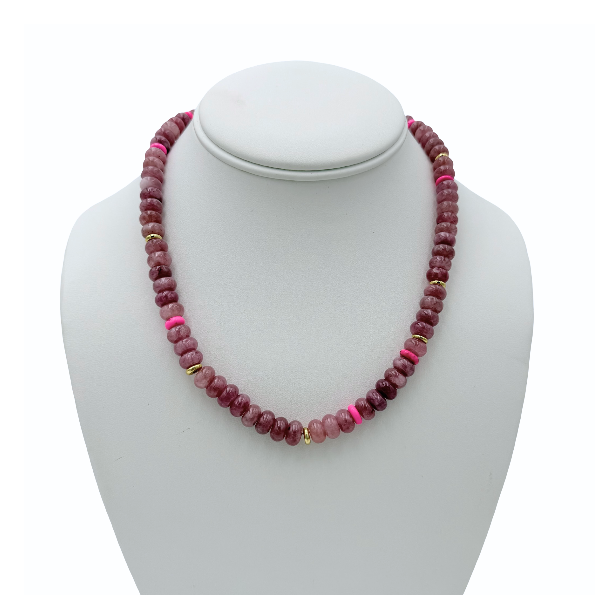 Pink gemstone beaded necklace with gold accents by HOLST+LEE