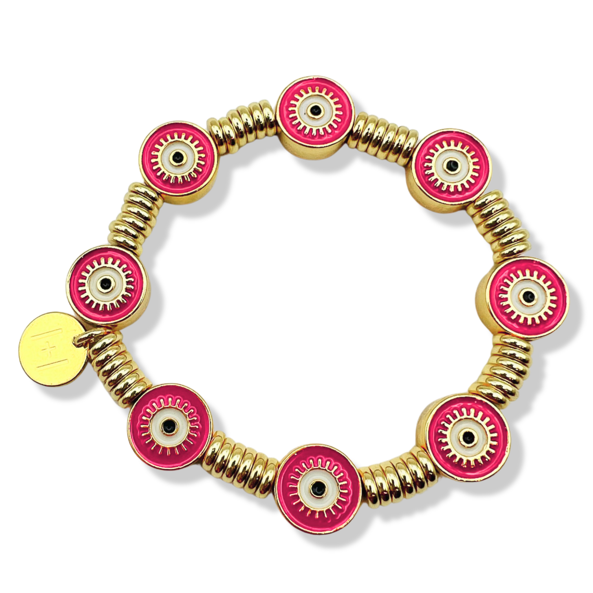 White and gold evil eye bracelet with pink enamel eye beads, gold rondelle spacers by HOLST LEE
