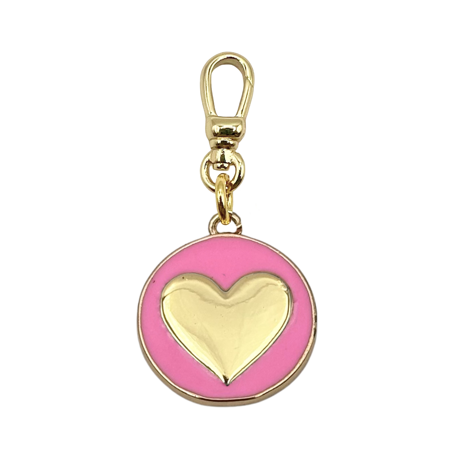 Round pink enamel medallion charm with a gold heart center, set in a gold bezel with gold charm clip by HOLST+LEE