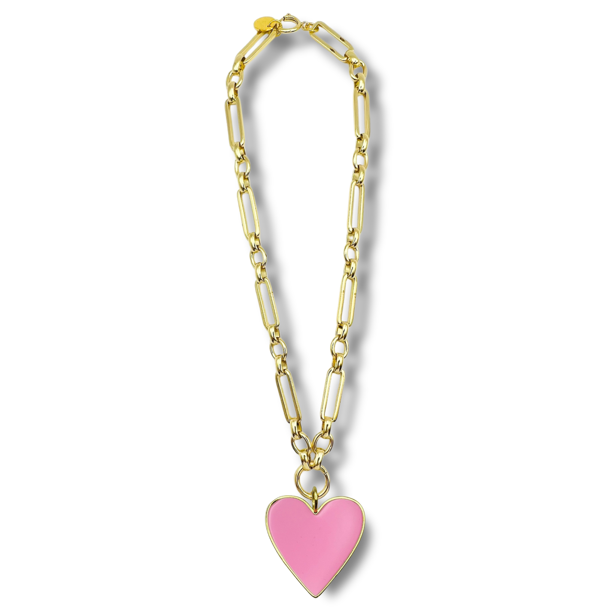 Pink chunky link chain necklace with large gold heart pendant by HOLST+LEE