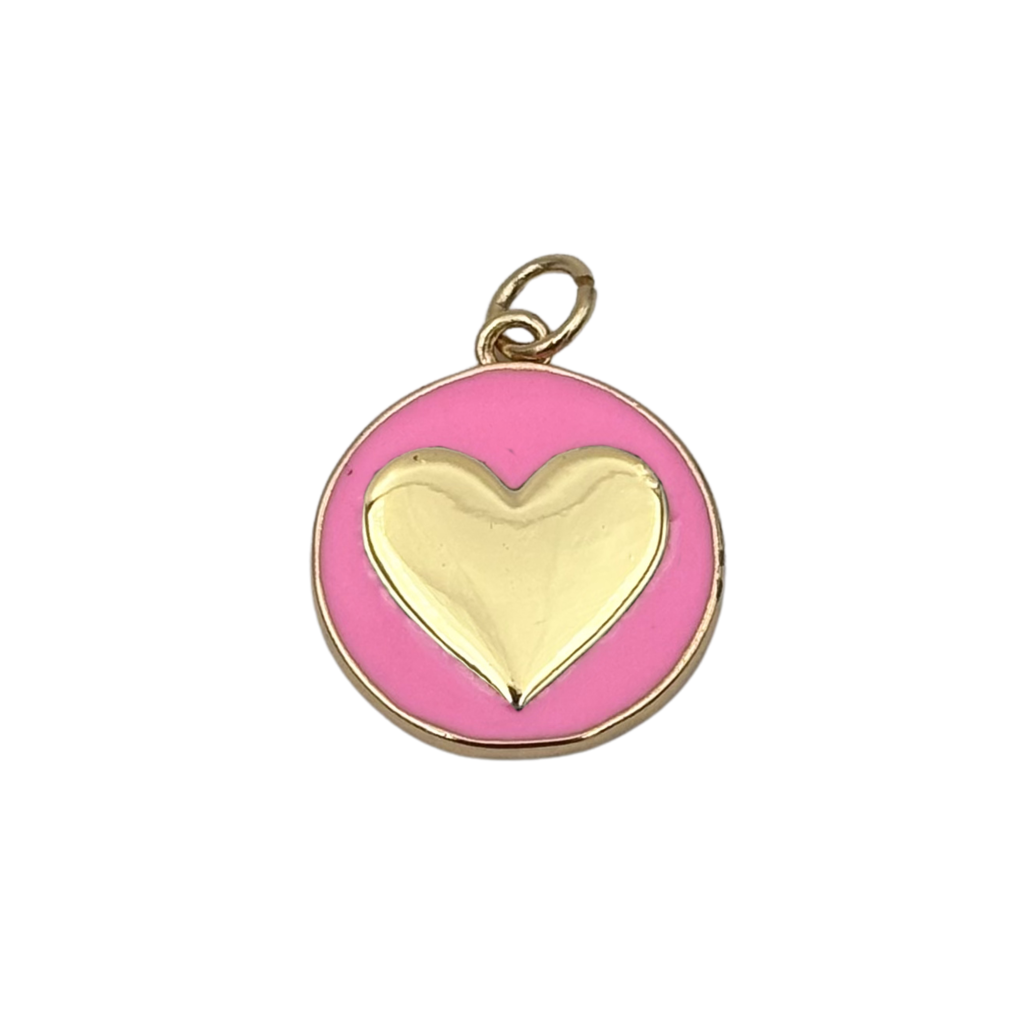 Gold round medallion charm with pink enamel face, raised polished gold heart by HOLST+LEE