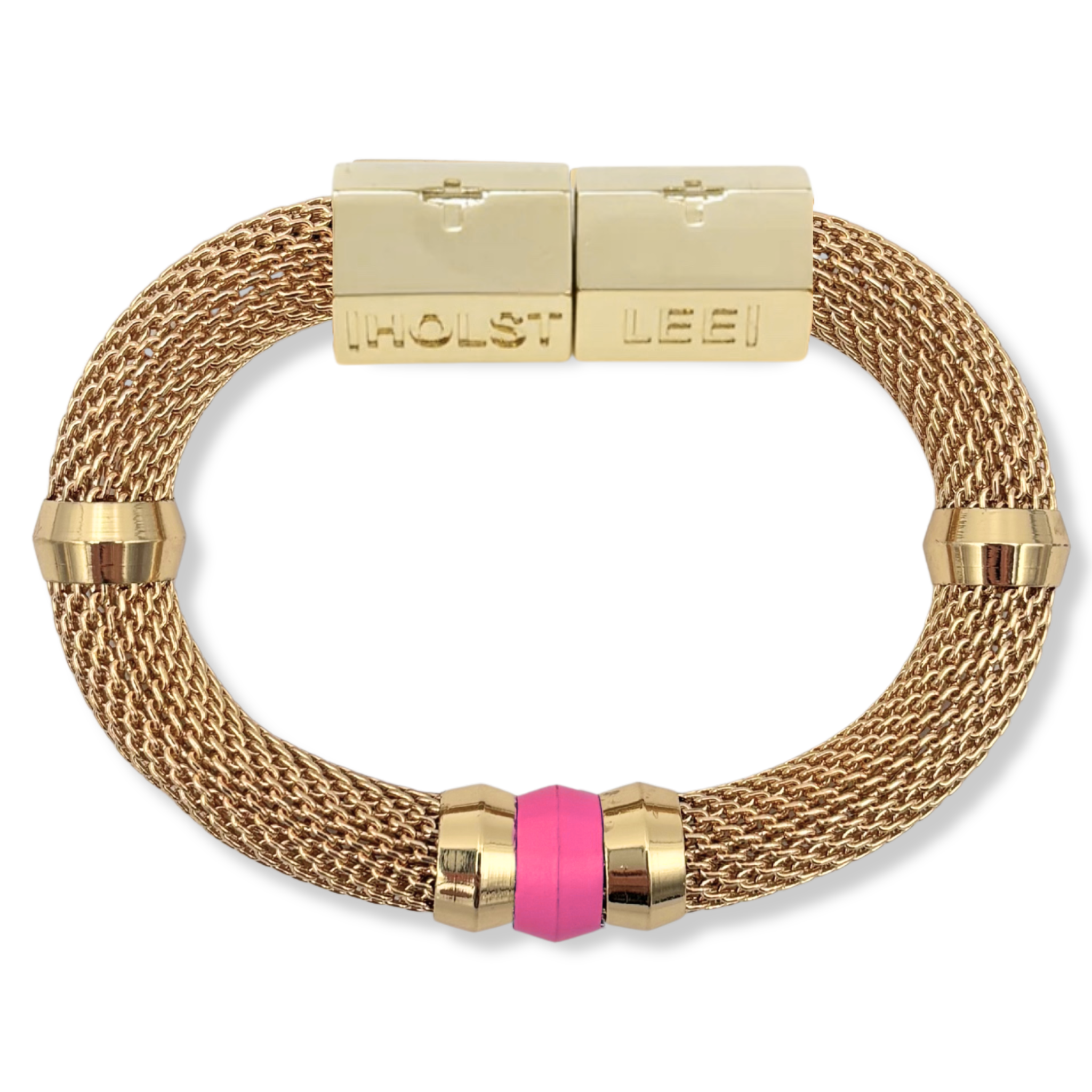 Gold woven mesh bracelet with pink ferrule accent and 18K gold-filled magnetic clasped bracelet by HOLST+LEE