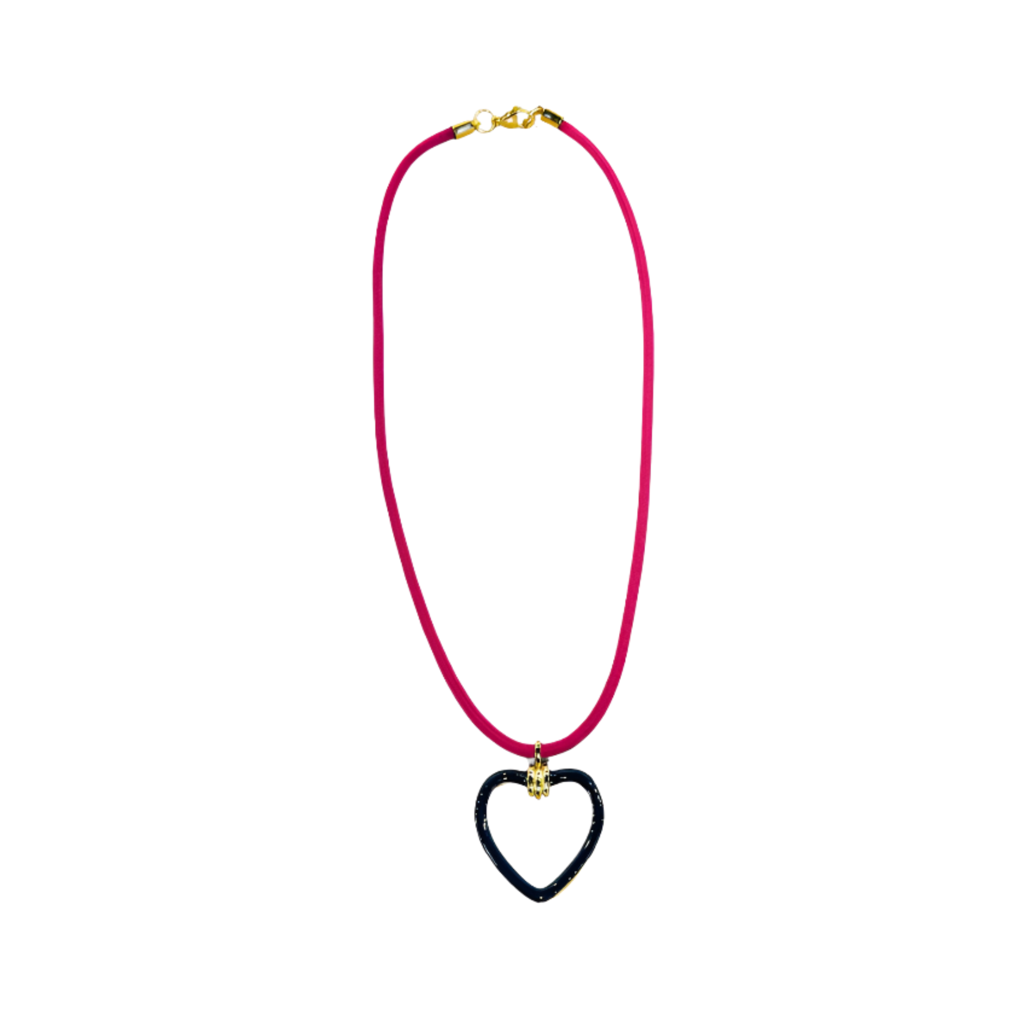 Pink colored paracord necklace with  gold-filled and navy enamel heart-shaped charm by HOLST+LEE