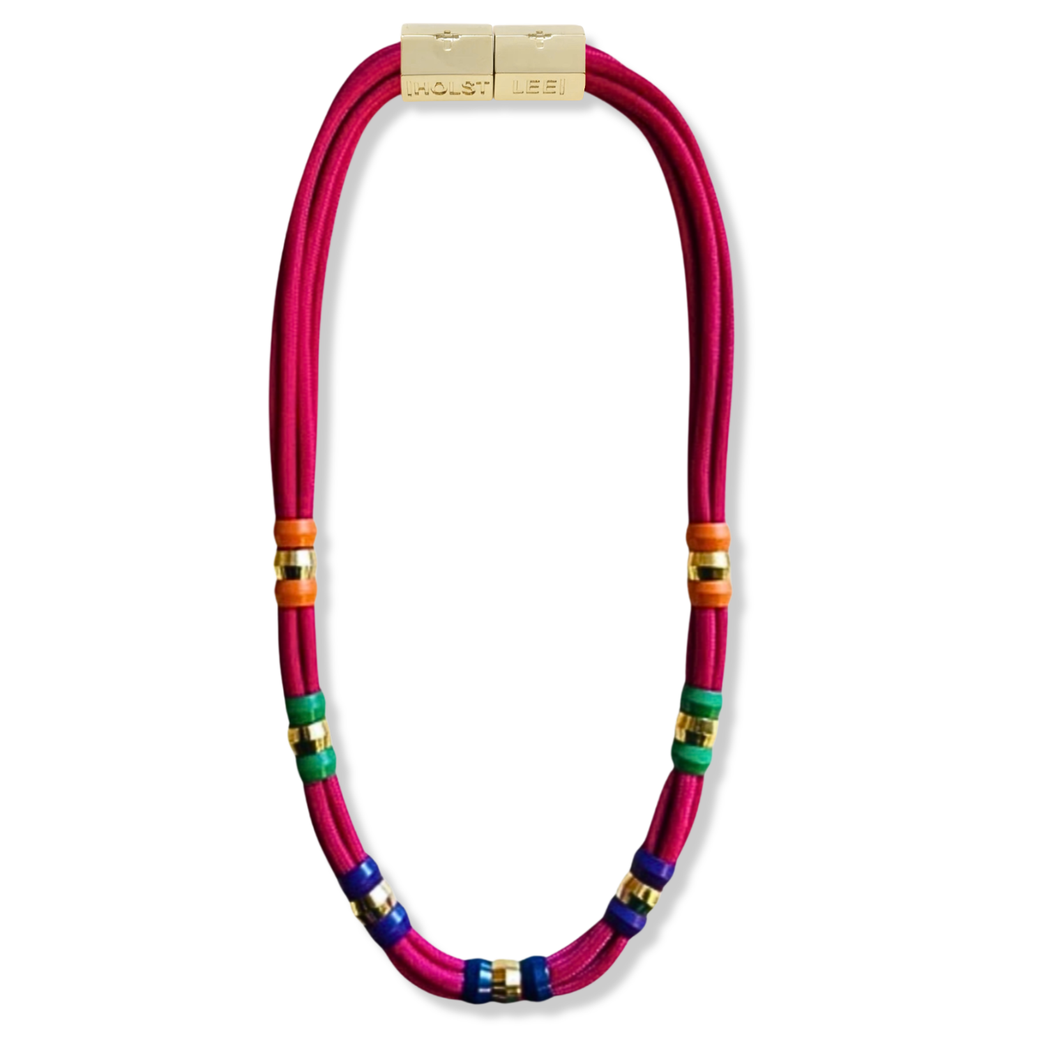 Fuchsia paracord necklace with gold and enamel ferrule accents and gold magnetic clasped necklace by HOLST+LEE