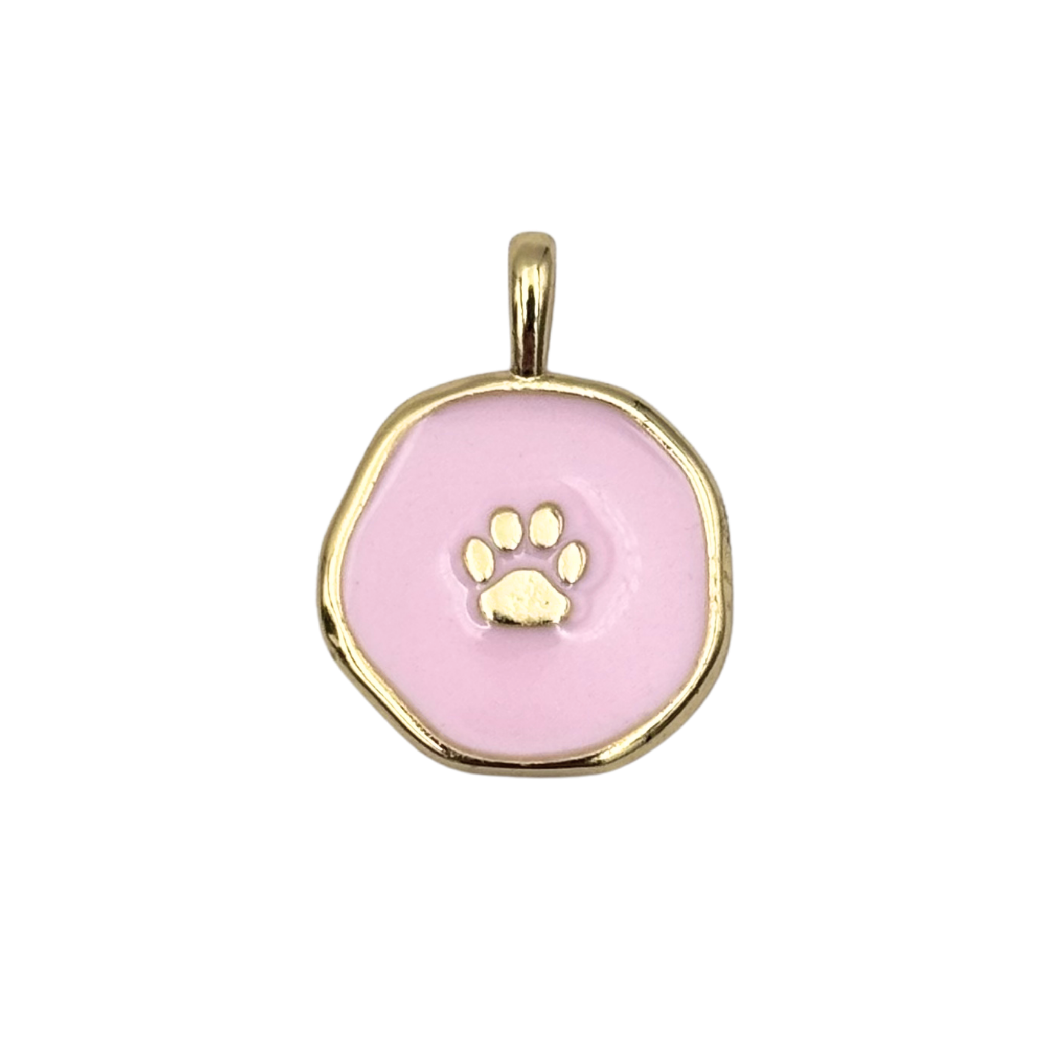 Gold round medallion pendant with swirled pink enamel face, raised gold paw by HOLST+LEE