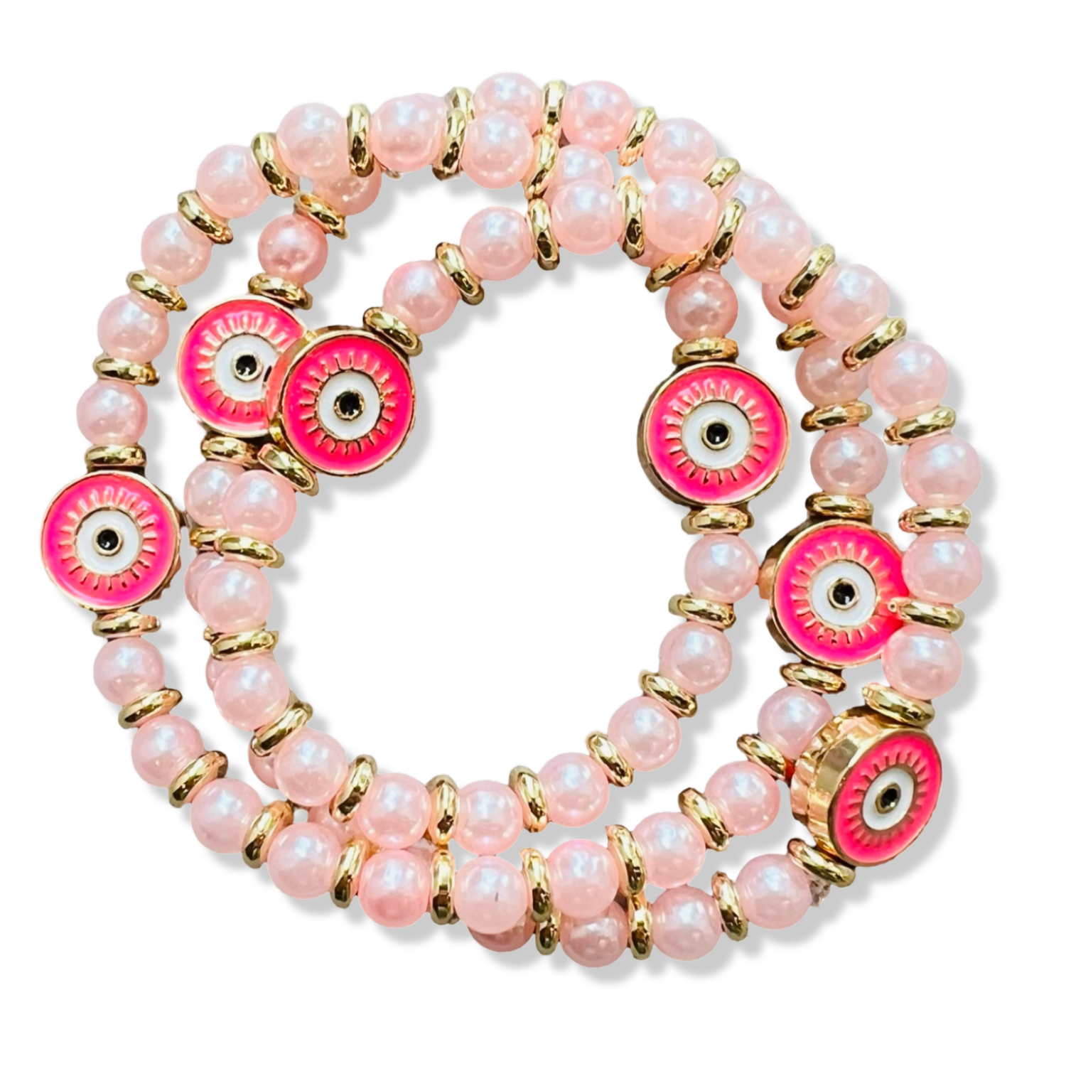 Wrap pink pearl and gold rondelle stretch bracelet with hot pink enamel evil eye charms by HOLST+LEE
