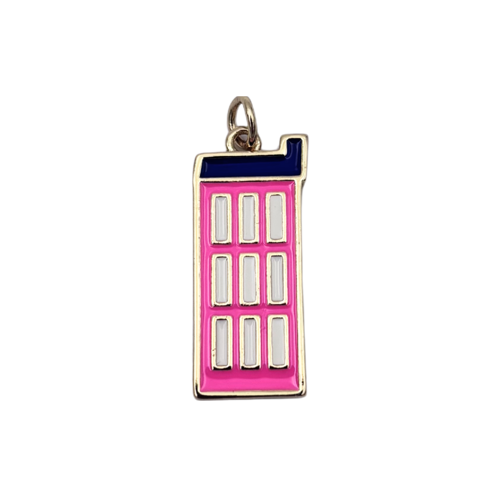 Pink and navy enamel city building charm with gold frame and white window details by HOLST+LEE