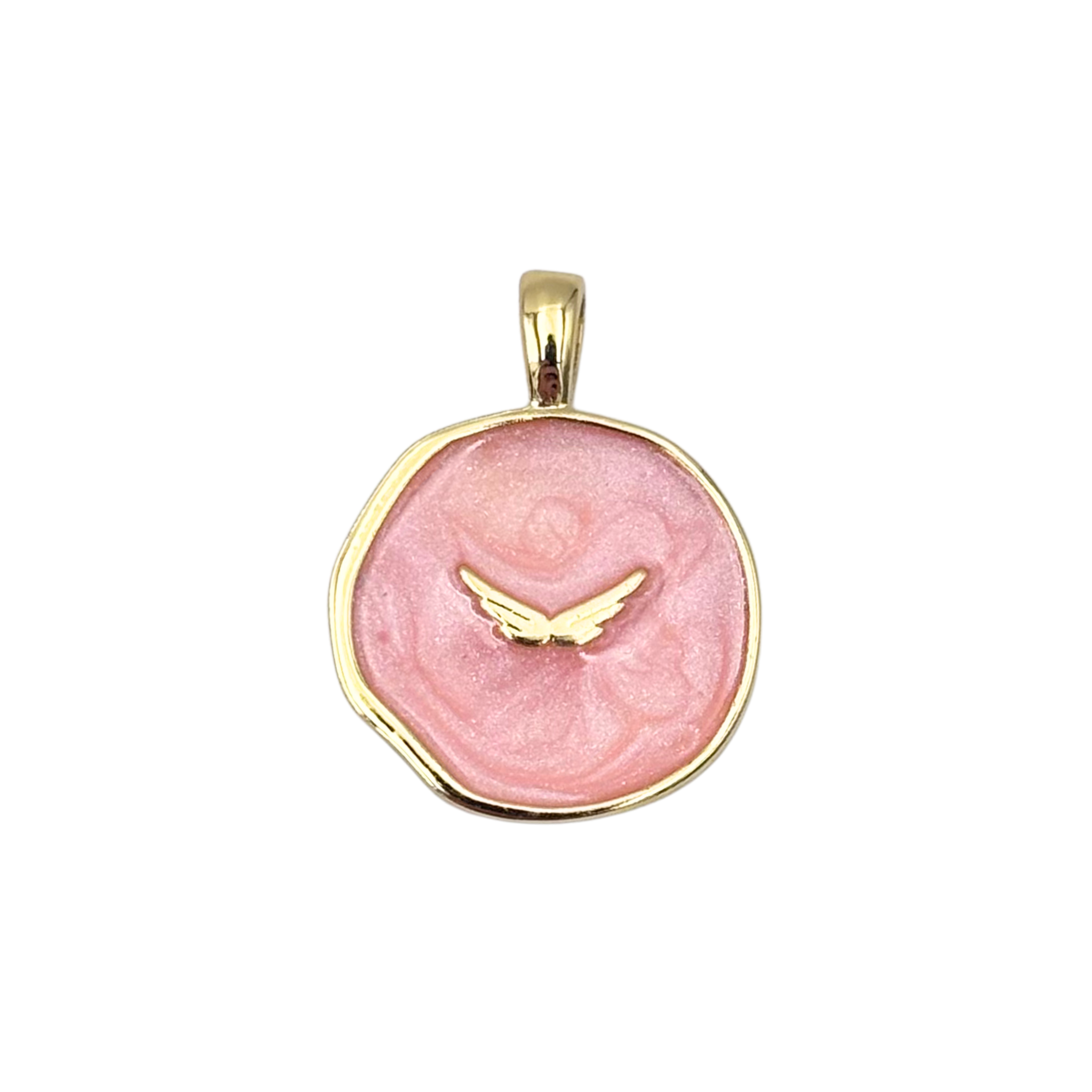 Gold round medallion pendant with swirled pink enamel face, raised gold wing by HOLST+LEE