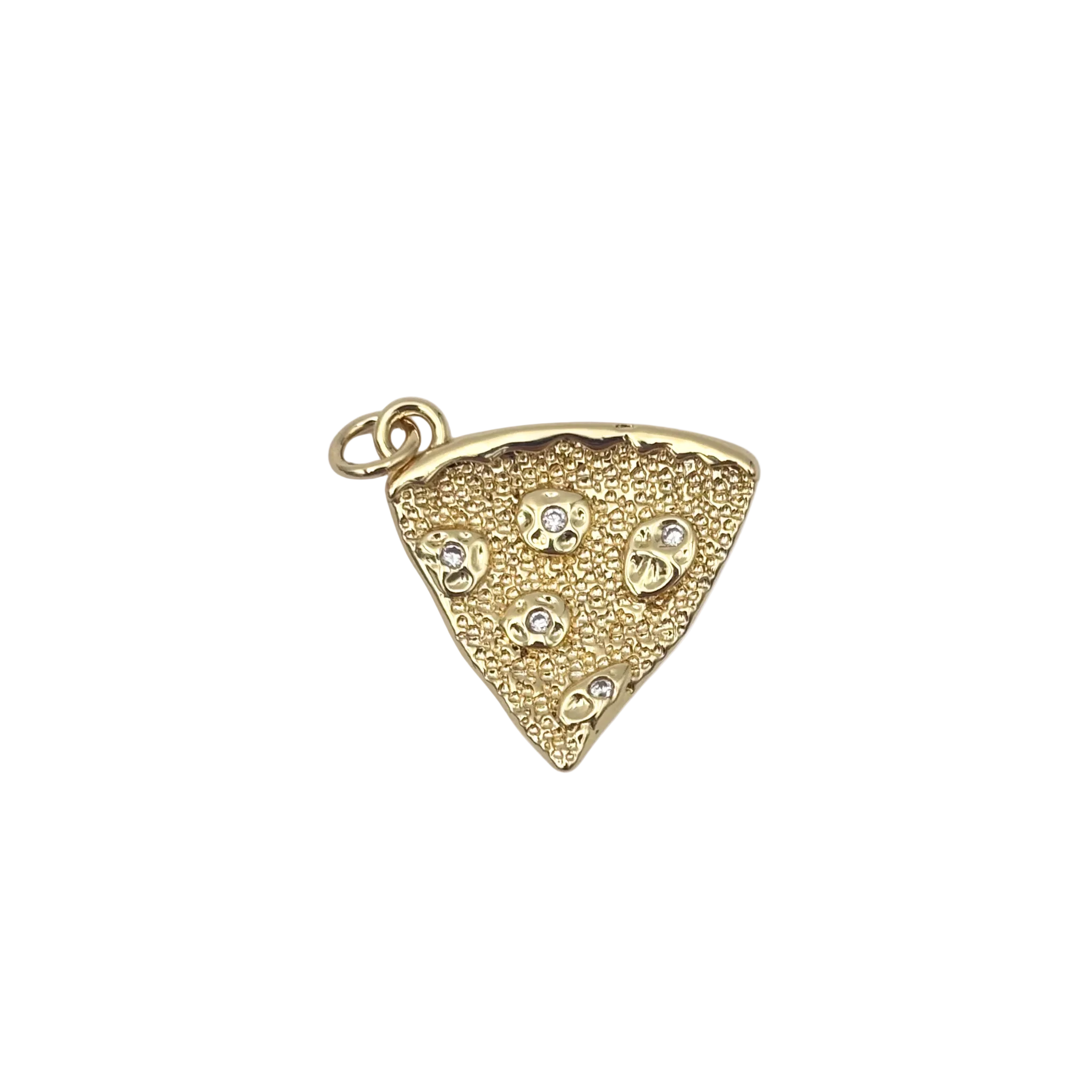Gold pizza slice charm with textured cheese surface and rhinestone pepperoni details by HOLST+LEE