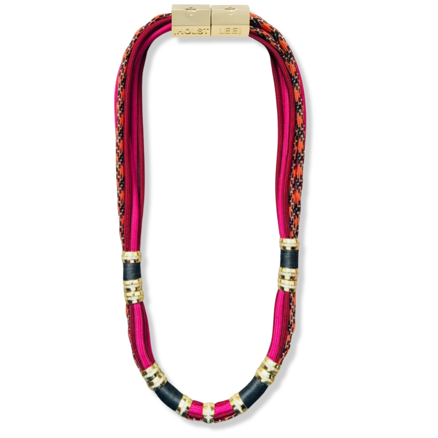 Red paracord grey thread wrapped  necklace with gold ferrule accents and gold magnetic clasped necklace by HOLST+LEE