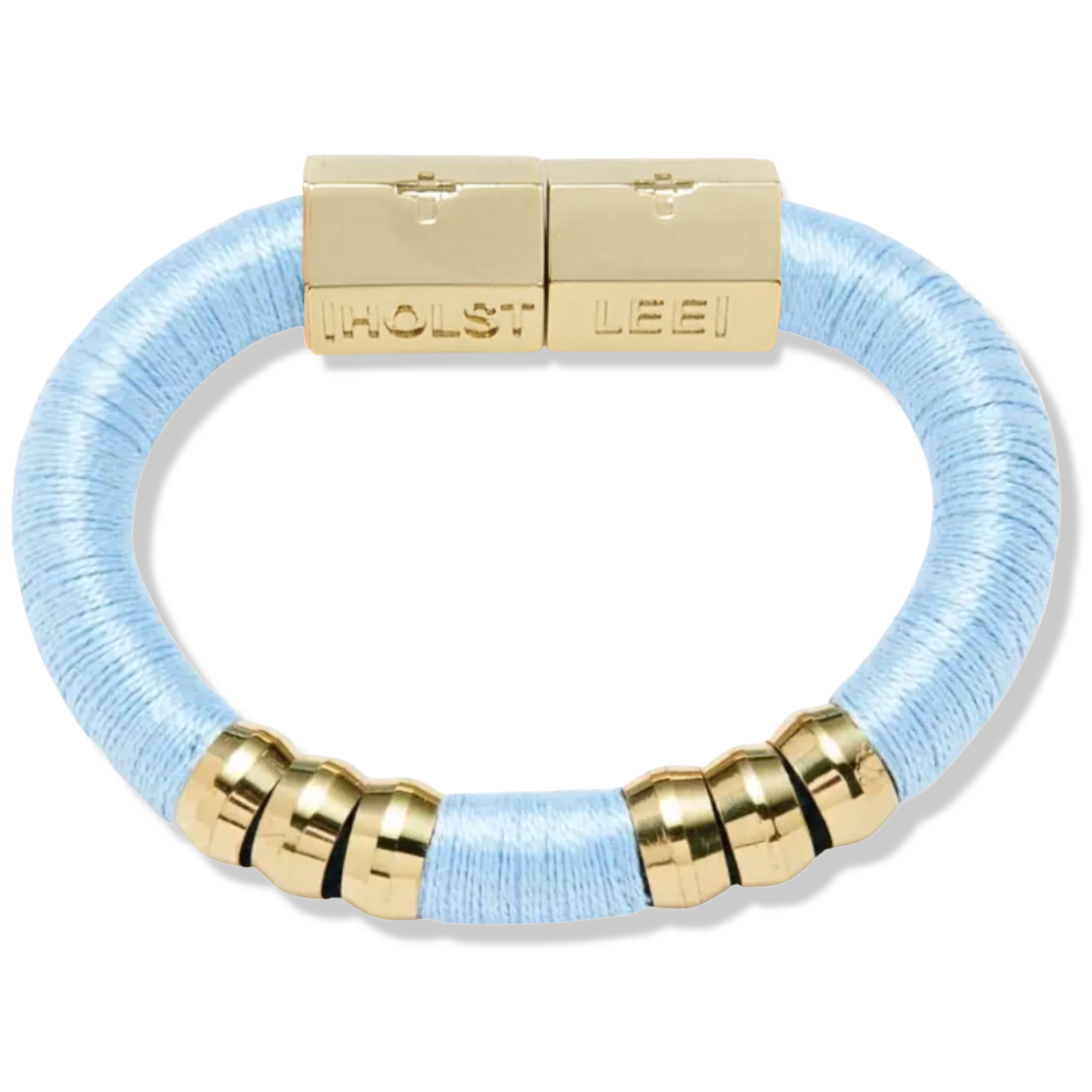 Powder blue thread wrapped bracelet with 18K gold-filled magnetic clasped bracelet and gold ferrule accents by HOLST+LEE