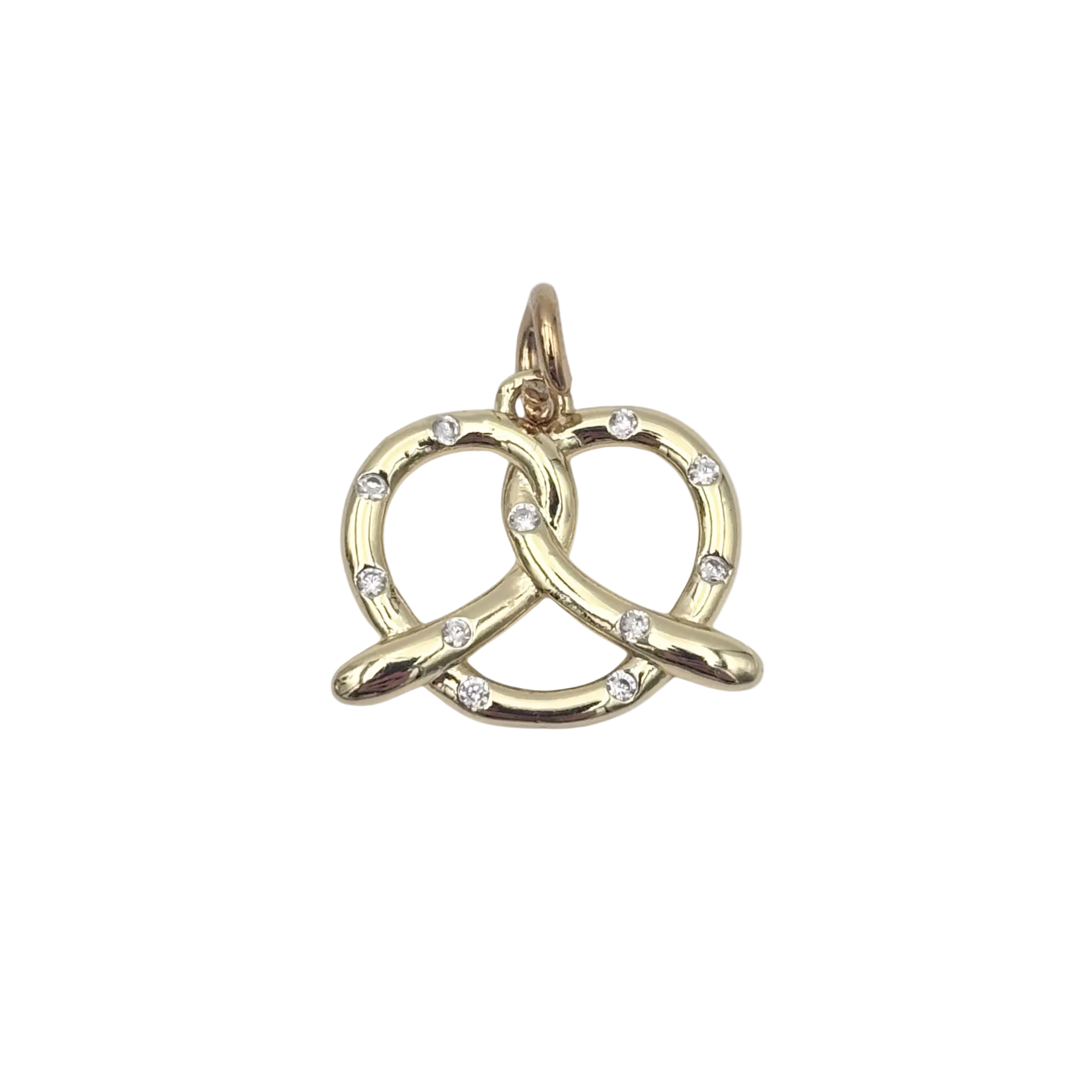 Gold pretzel charm with rhinestone accent stones and polished twisted knot detail by HOLST+LEE