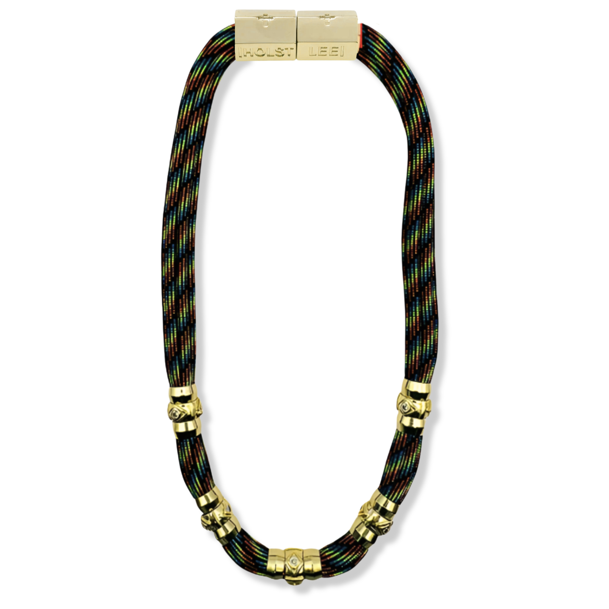 Black and rainbow paracord necklace with gold evil eye ferrule accents and gold magnetic clasped necklace by HOLST+LEE