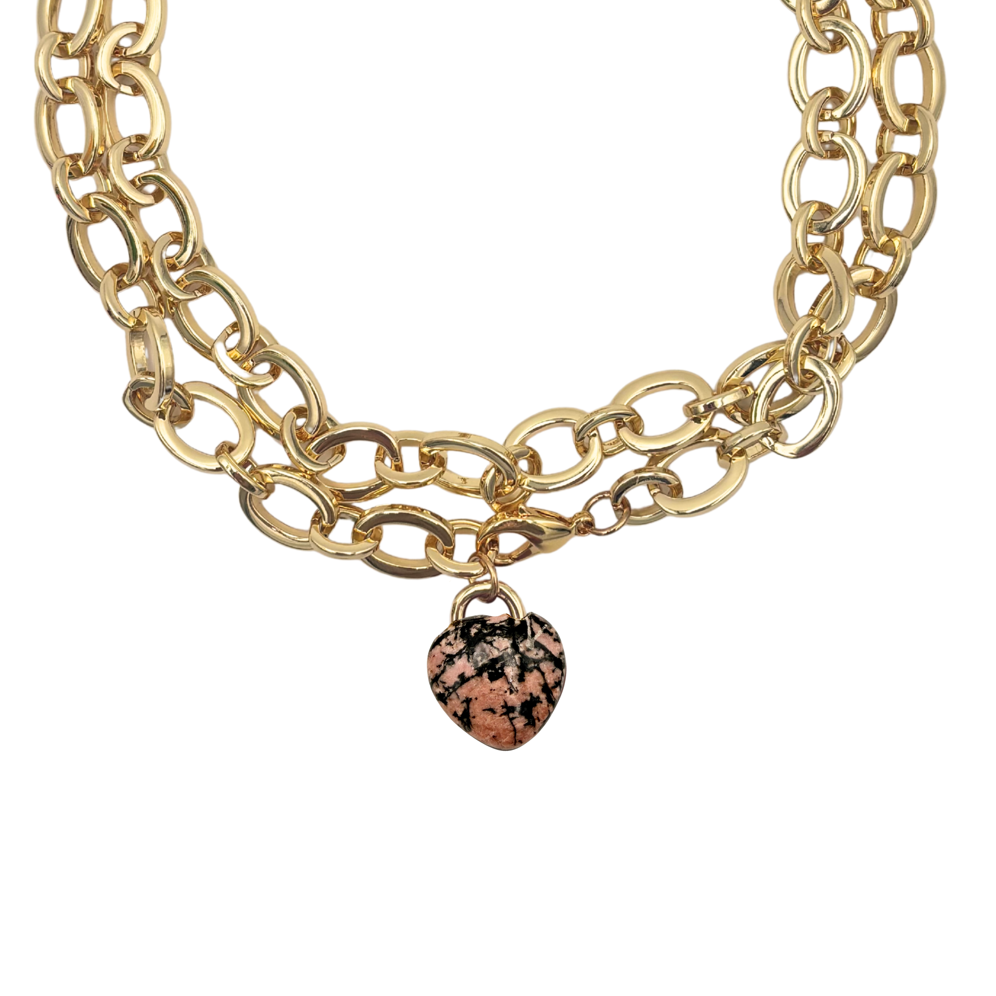 Chunky gold oval chain link necklace with purple agate heart pendant by HOLST+LEE
