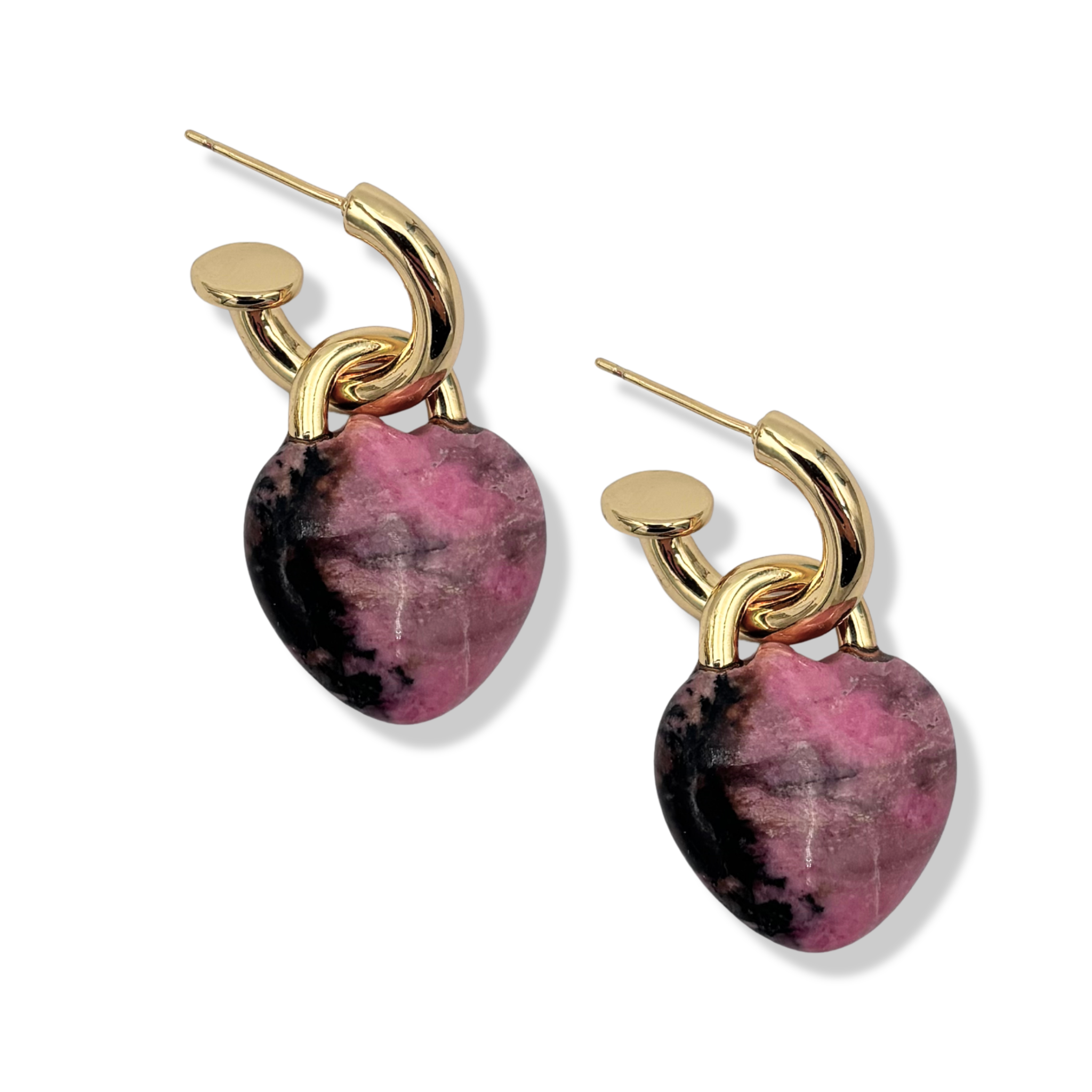 Heart-shaped semi-precious purple agate stone drop earrings with gold padlock-style hoop by HOLST+LEE