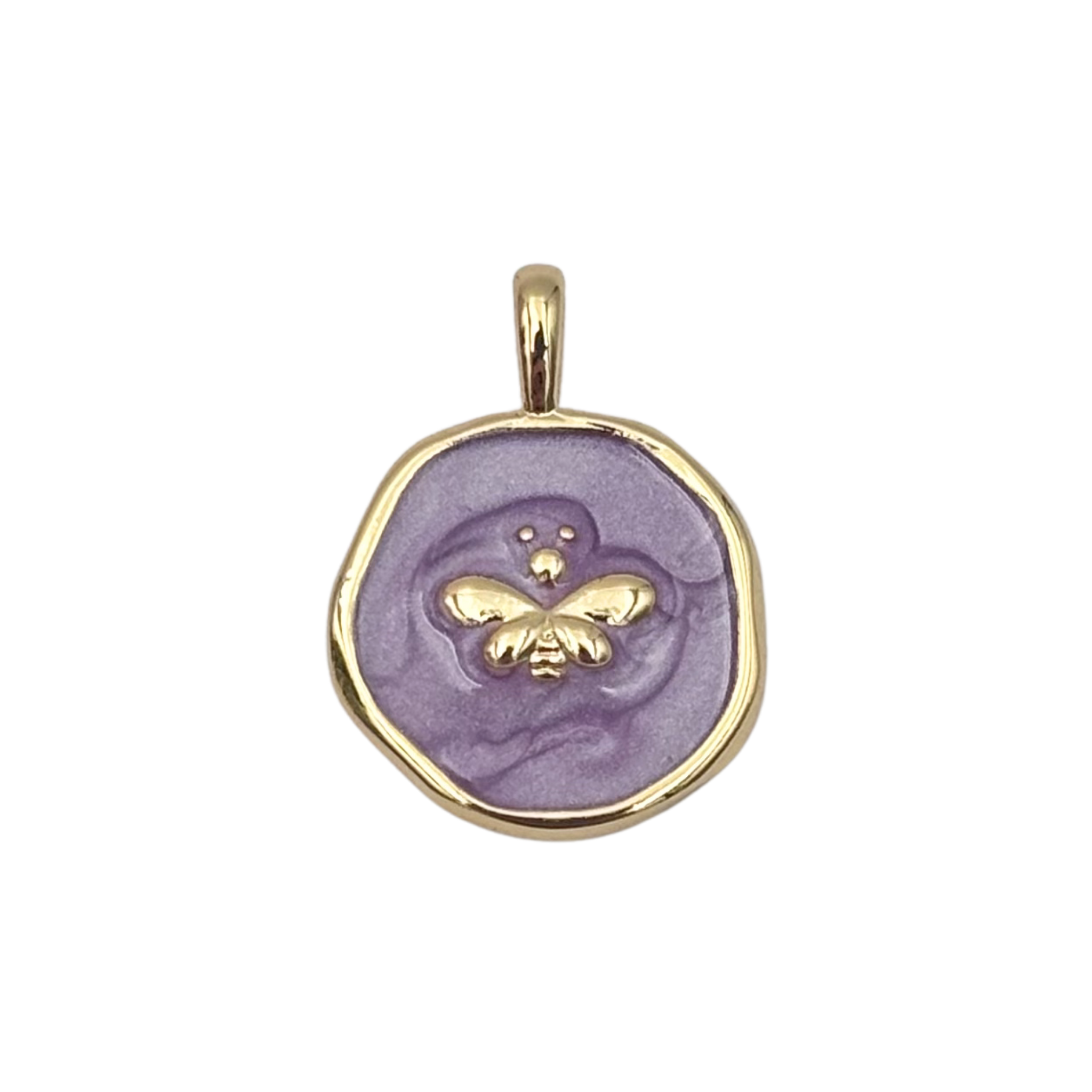 Gold round medallion pendant with swirled purple enamel face, raised gold bee by HOLST+LEE